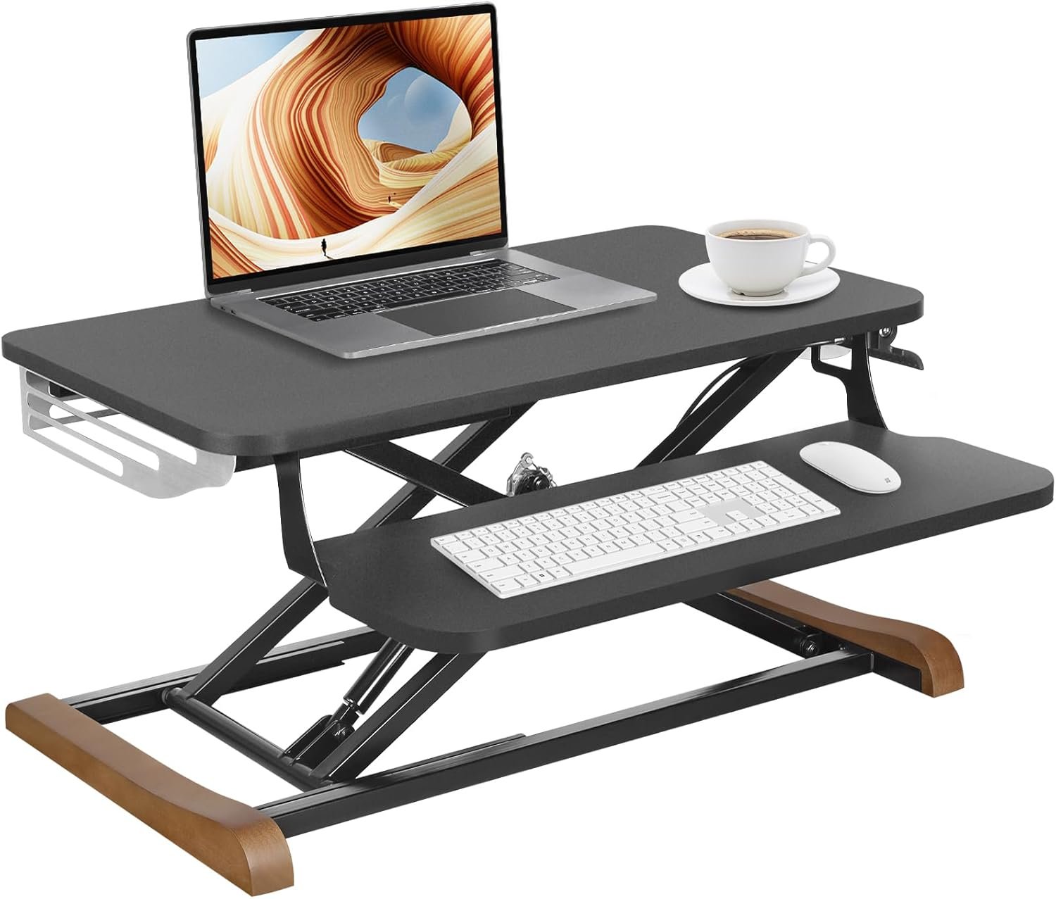 Height Adjustable Standing Desk Converter with Keyboard Tray, 26×16 Inch, Sit to Stand Desk Riser with Elegant Side Cover and Wooden Feet, Compact Monitor and Laptop Riser for Home & Office, Black