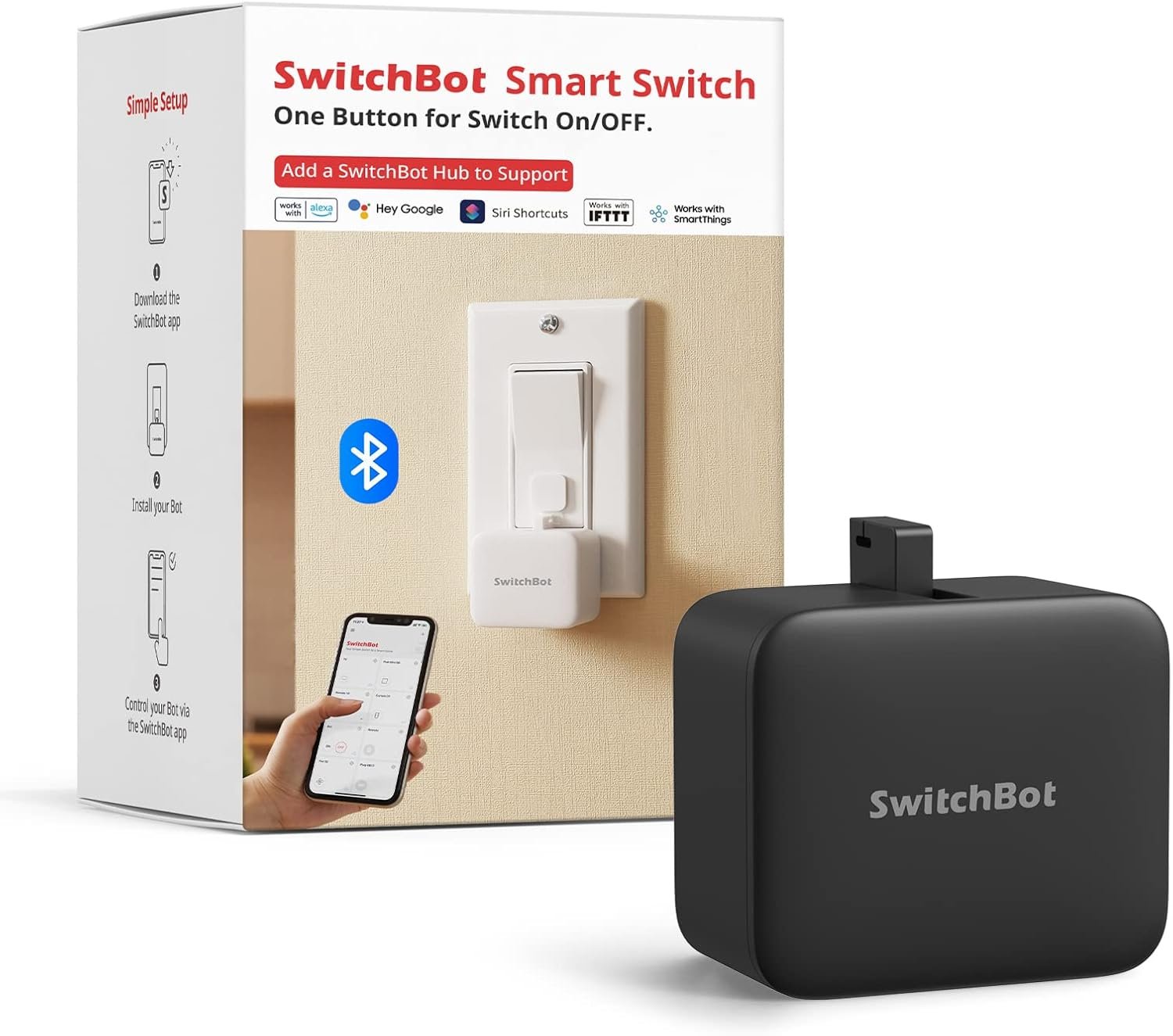 Switchbot Smart Switch Button Pusher (Bluetooth) – Fingerbot for Rocker Switch/One-Way Buttons, App Timer Control, No Wiring, Optional Hub Required for Voice/Remote, Black