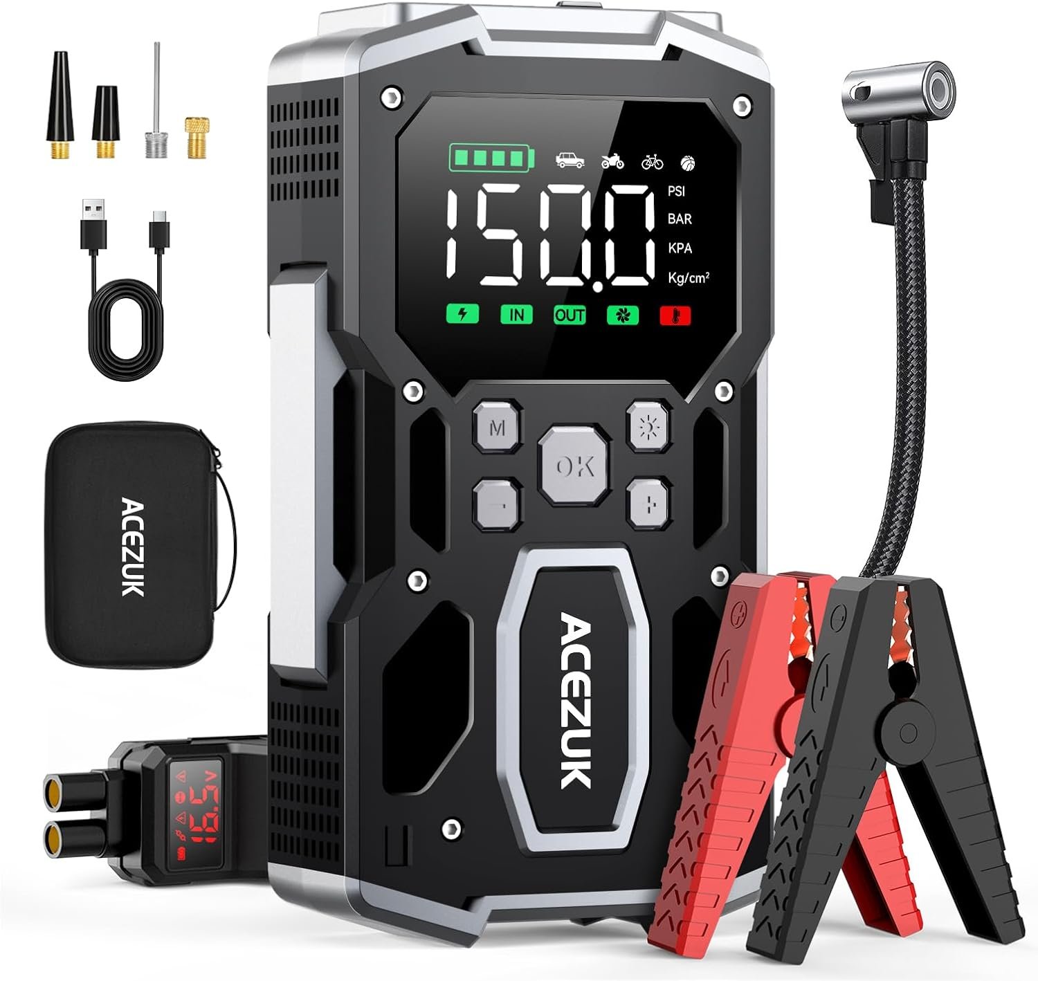 Portable Car Jump Starter with Air Compressor, ACEZUK 150PSI 8000A Jump Starter (All Gas/10.0L Diesel), 12V Battery Jump Box Car Battery Jumper Starter with 3.4″ LCD Display, 2 Lights