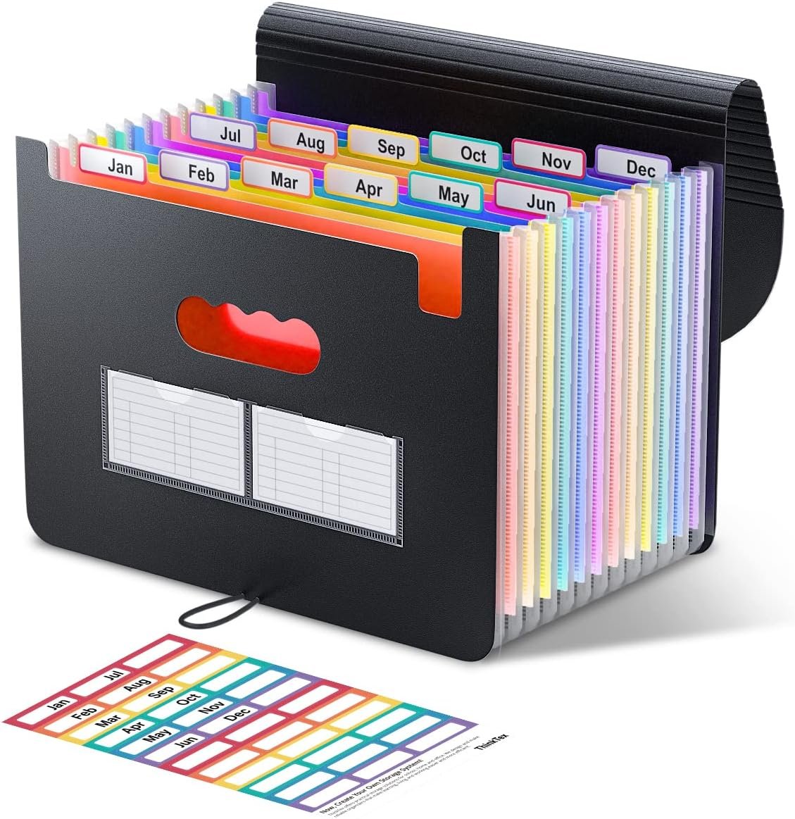 ThinkTex Accordion File Organizer, 12 – Pocket Expanding File Folders for Paper Receipts, Bills & Taxes Organizer, Letter/A4 Size Document Holder for School, Office, Home with Colorful tabs- Black