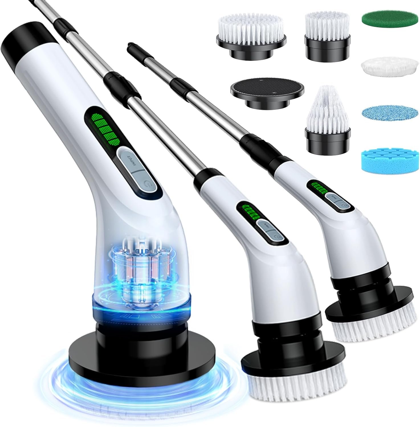 Highyes Electric Spin Scrubber, Powerful 2-Speed Cleaning Brush, IPX7 Waterproof with 7 Reusable Brush Heads & Extendable Handle, for Bathroom Toilet Shower Kitchen Wall Tile Floor Grout (White)