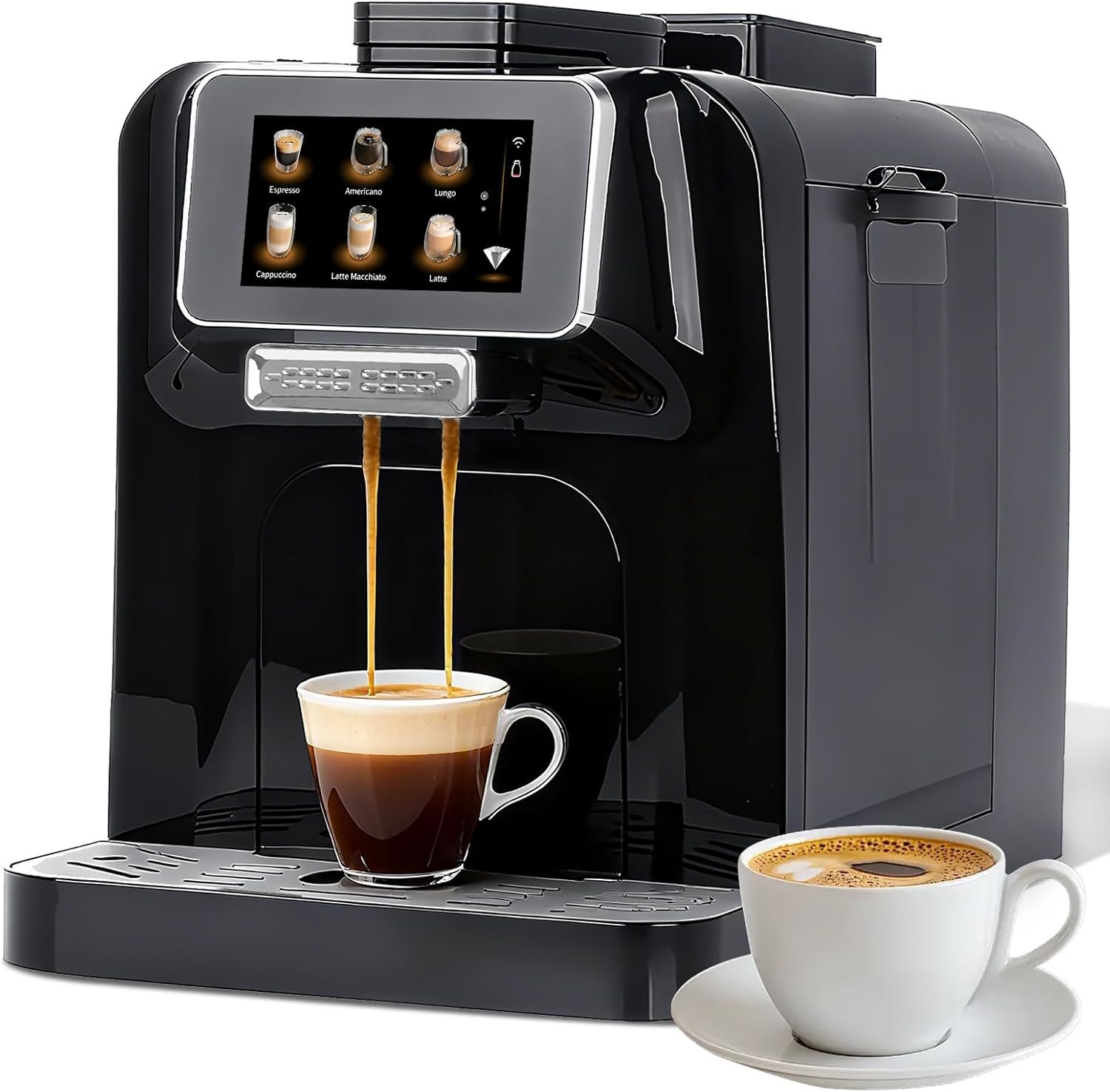Fully Automatic Espresso Coffee Machine with Milk Cooler 4.3″ Touchscreen Dual Heating 11 One Touch Beverages Adjustable Grinder & Milk Frother WiFi Smart Control