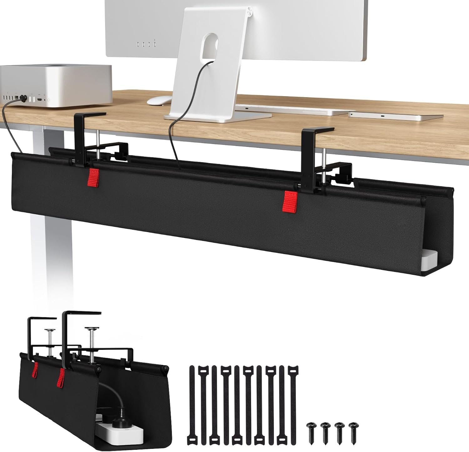 Univivi No Drill Under Desk Cable Management Tray, 36″ Cord Organizer for Table, Clamp/Screw Mount Desk Cable Management, Premium Fabric Cable Management Tray for Office, Home