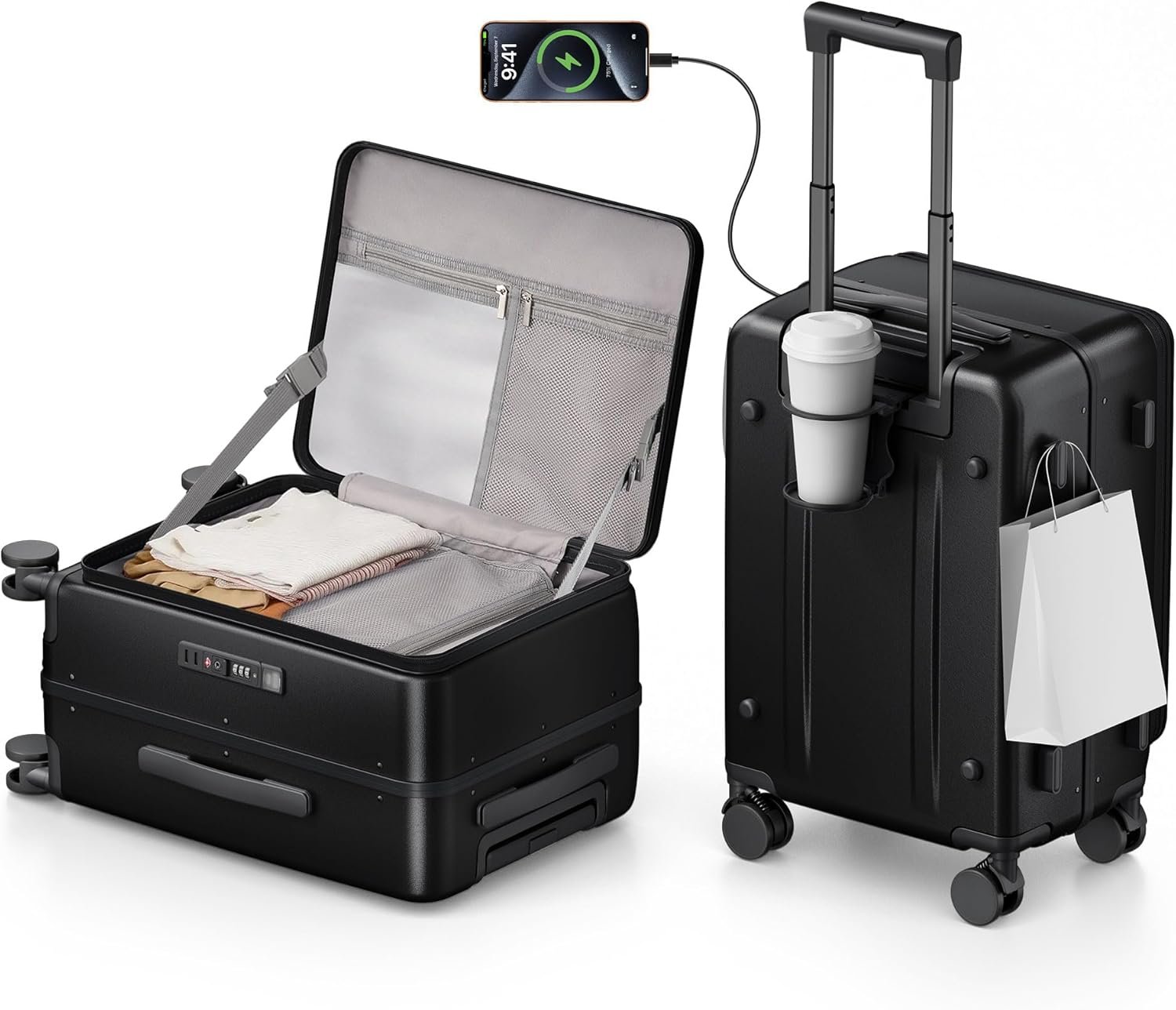 20IN Carry On Luggage,Top Opening Aluminum Frame Hardside 100% PC Airline Approved Suitcase -with TSA Lock,Cup Holder,USB Charge,Side Pothook, 360°Spinner Wheels-Black