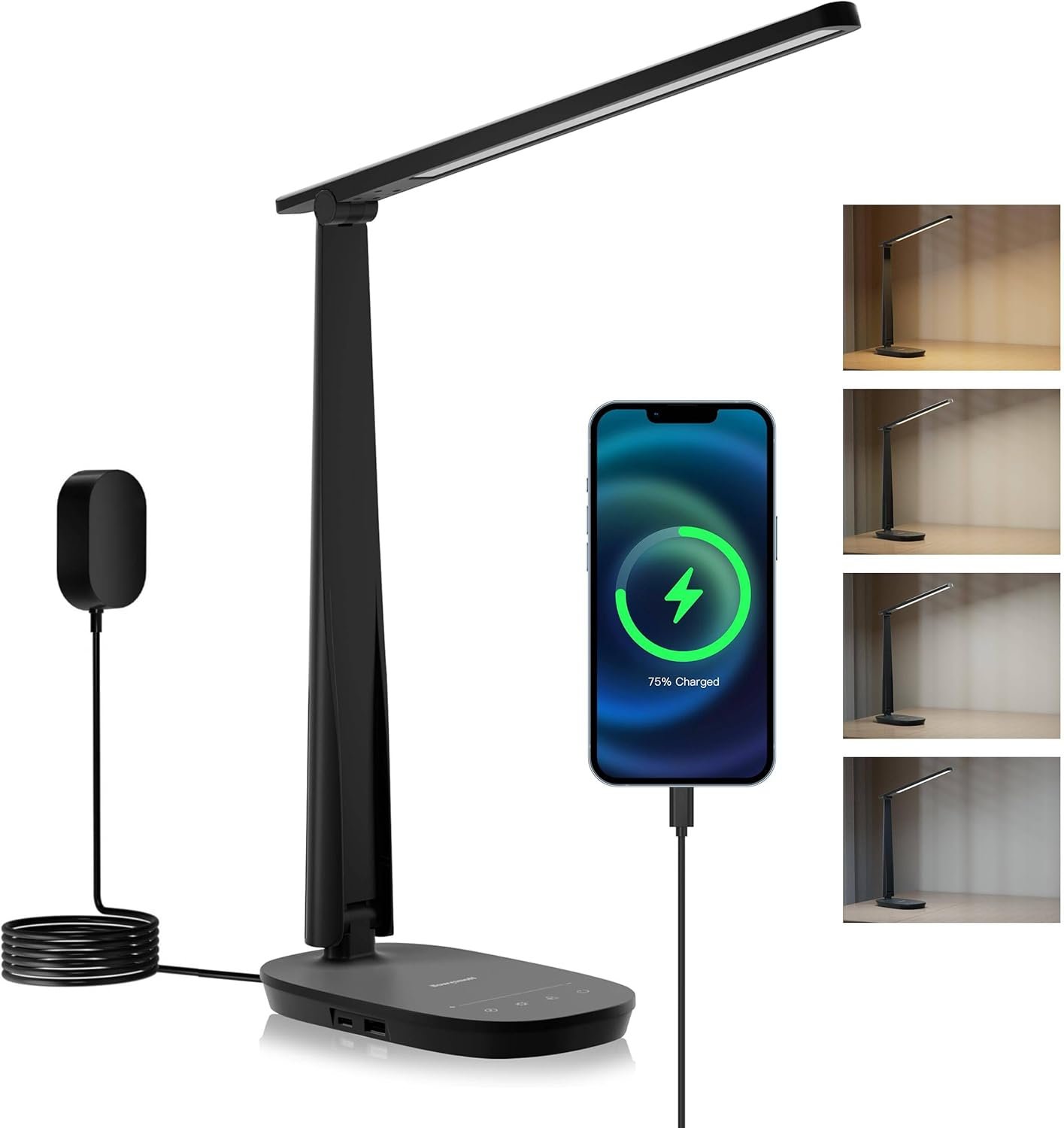 Honeywell HWT-H2 LED Desk Lamp, CRI94 Full Spectrum Eye-Caring Table Light, Foldable Dimmable 4 Color Modes with USB A+C Charging Ports for Home Office Bedroom Reading Study Work (Black)