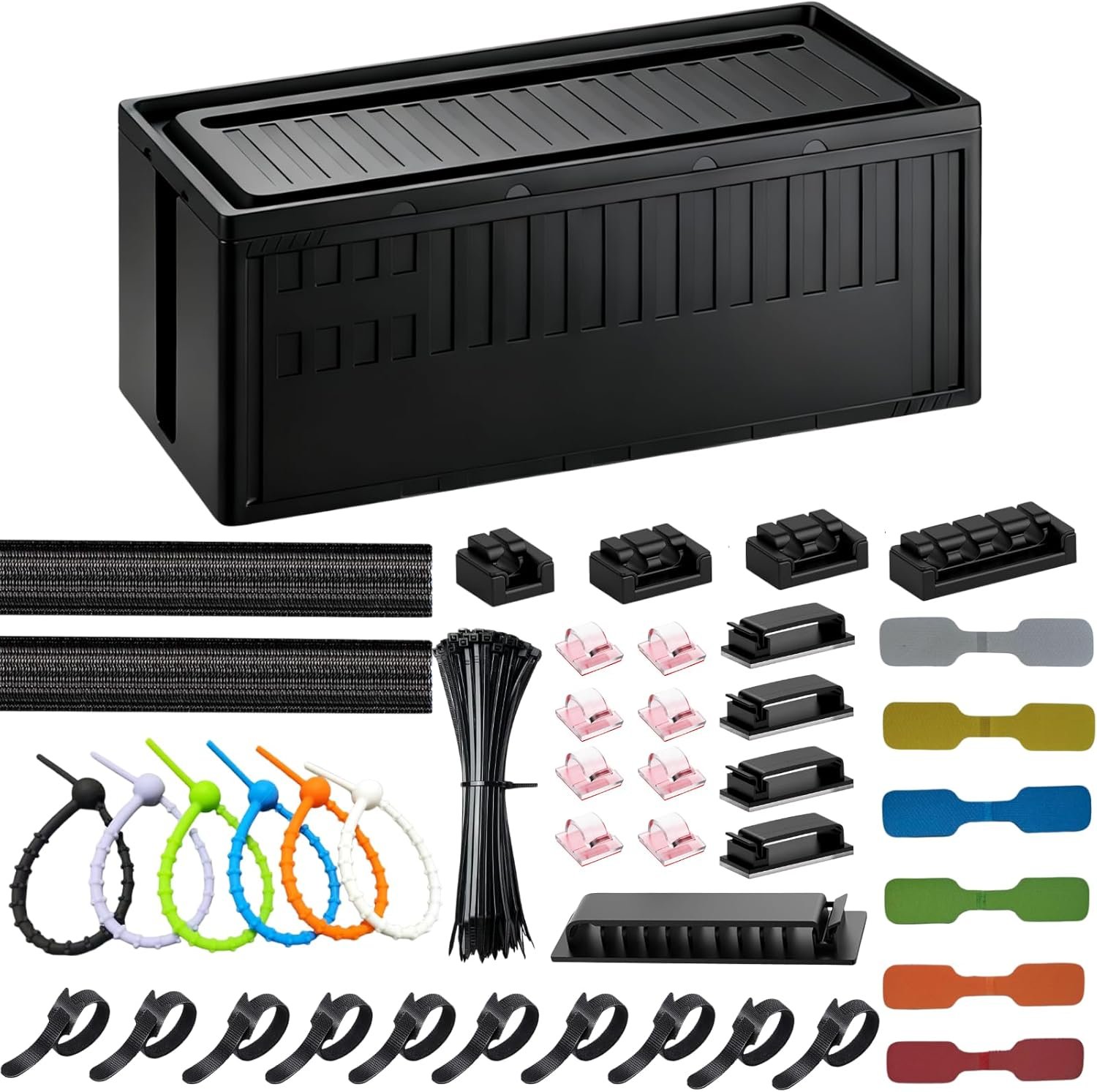 Cable Box – [142Pcs] Cable Management Kit, Medium Cord Hider Box to Conceal Power Strip Holder on Desk or Floor, Under Desk Cable Management Kit Cable Organizer Box, TV Cord Organizer Box, Black