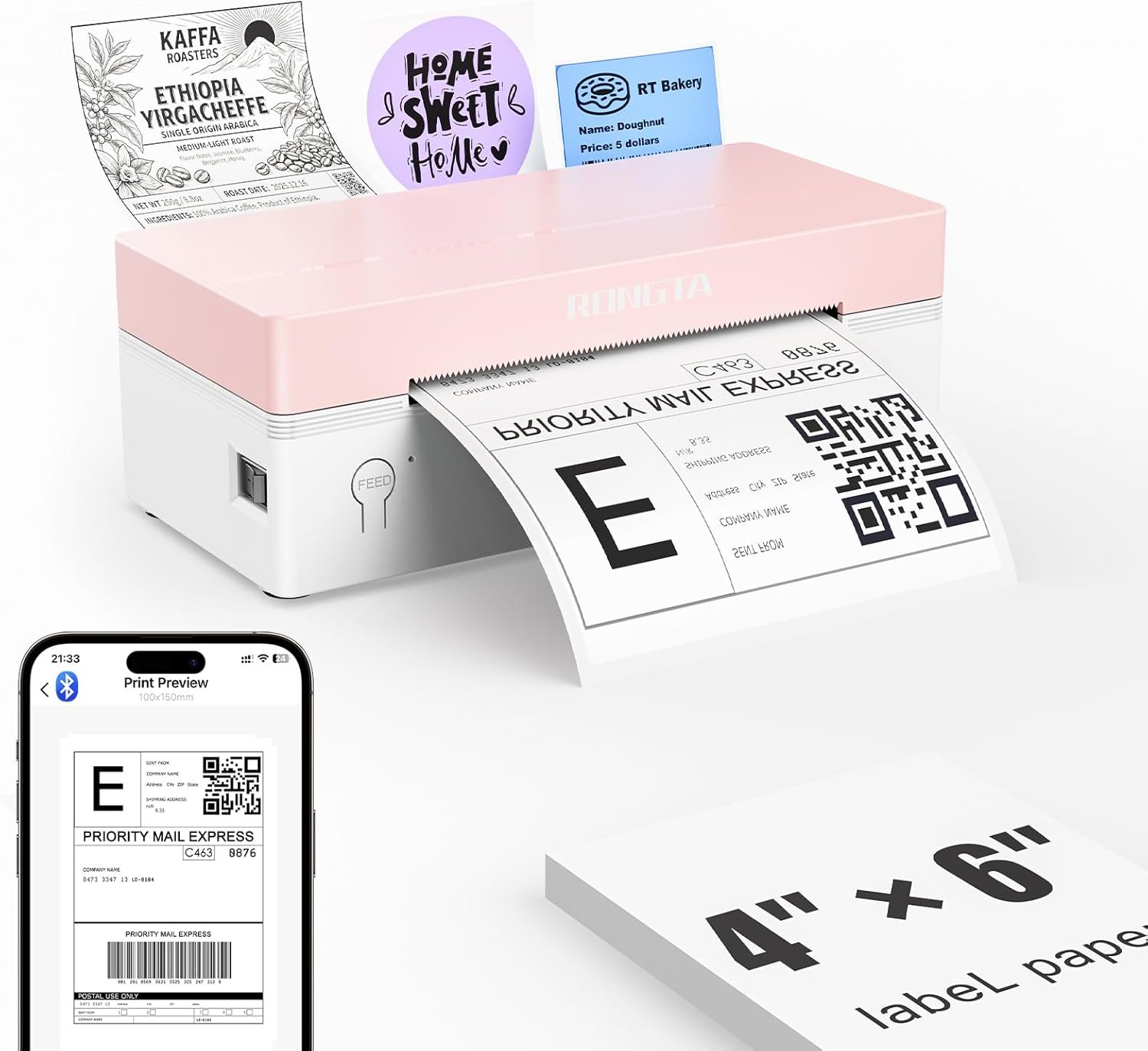 Rongta 4×6 Bluetooth Thermal Label Printer, Wireless Shipping Label Printers for Shipping Packages Small Business Office or Home, Compatible with iPhone Android iPad macOS Windows, Pink