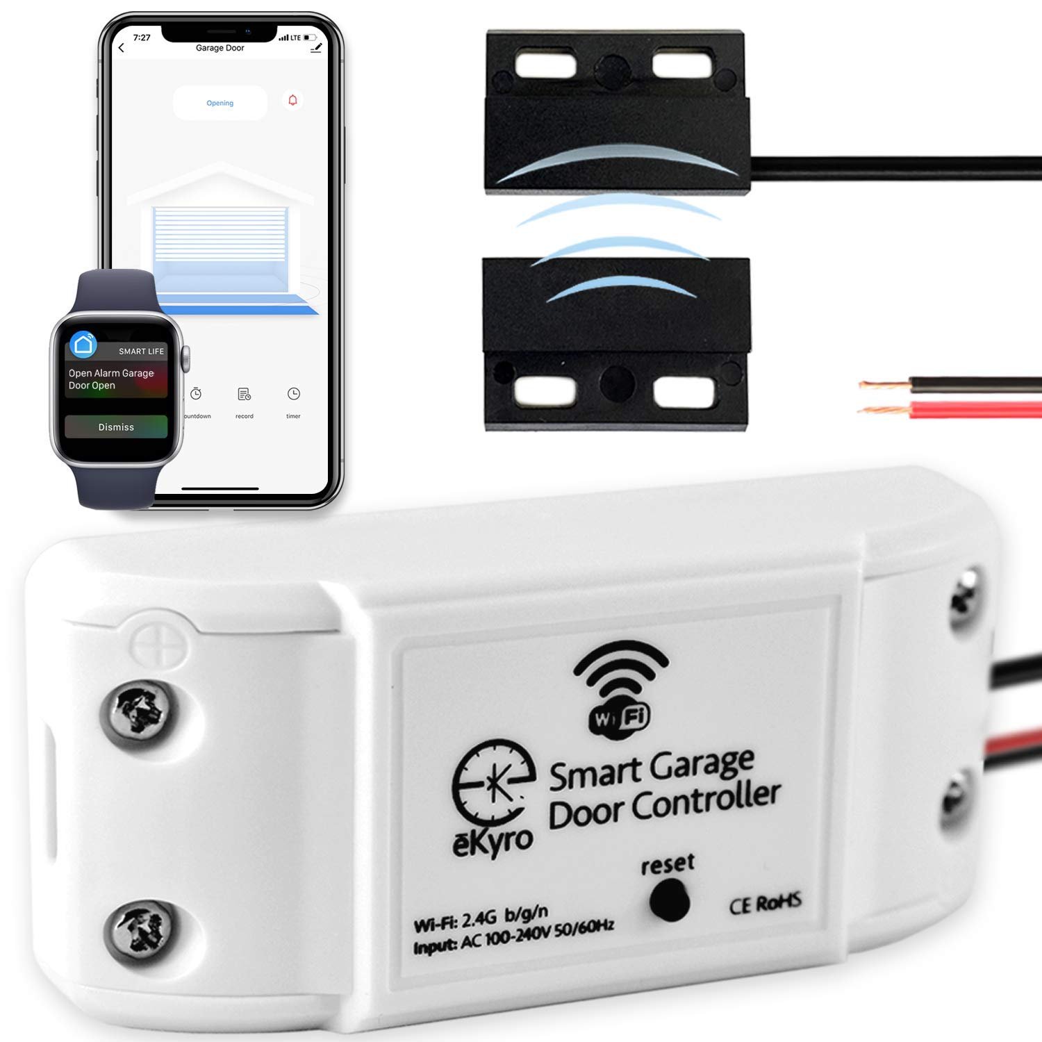 eKyro Smart Garage Door Opener – Universal WiFi Remote Controller Compatible with Alexa, Google Home, iPhone, Siri, Android, Door Left Open Alert, Door Security Systems, Updated Model
