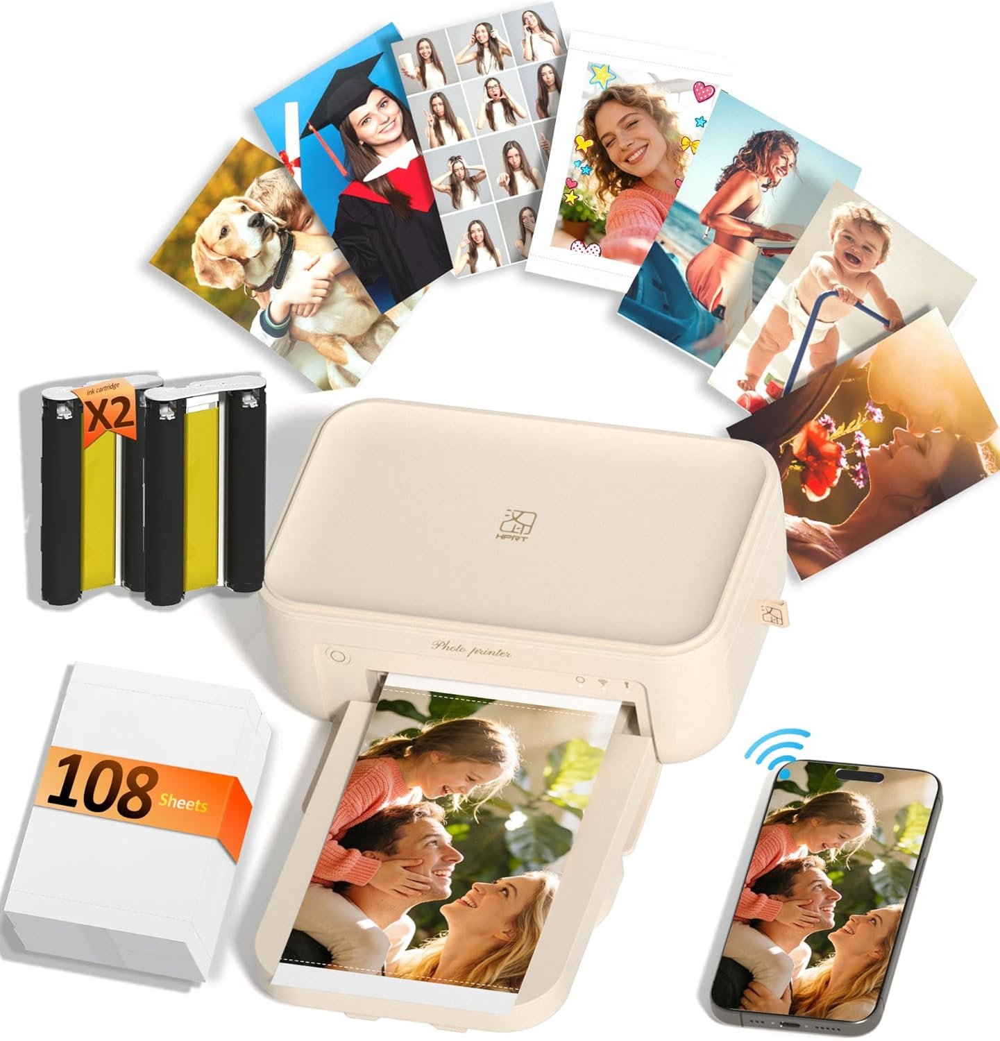 HPRT CP4100 4×6 Photo Printer with 108 Sheets & 2 Ribbons, Full-Color Thermal Dye Sublimation Wi-Fi Printing, Portable Instant Picture Printer for iPhone/Android, AR Video, Fun App, Home Use, Beige