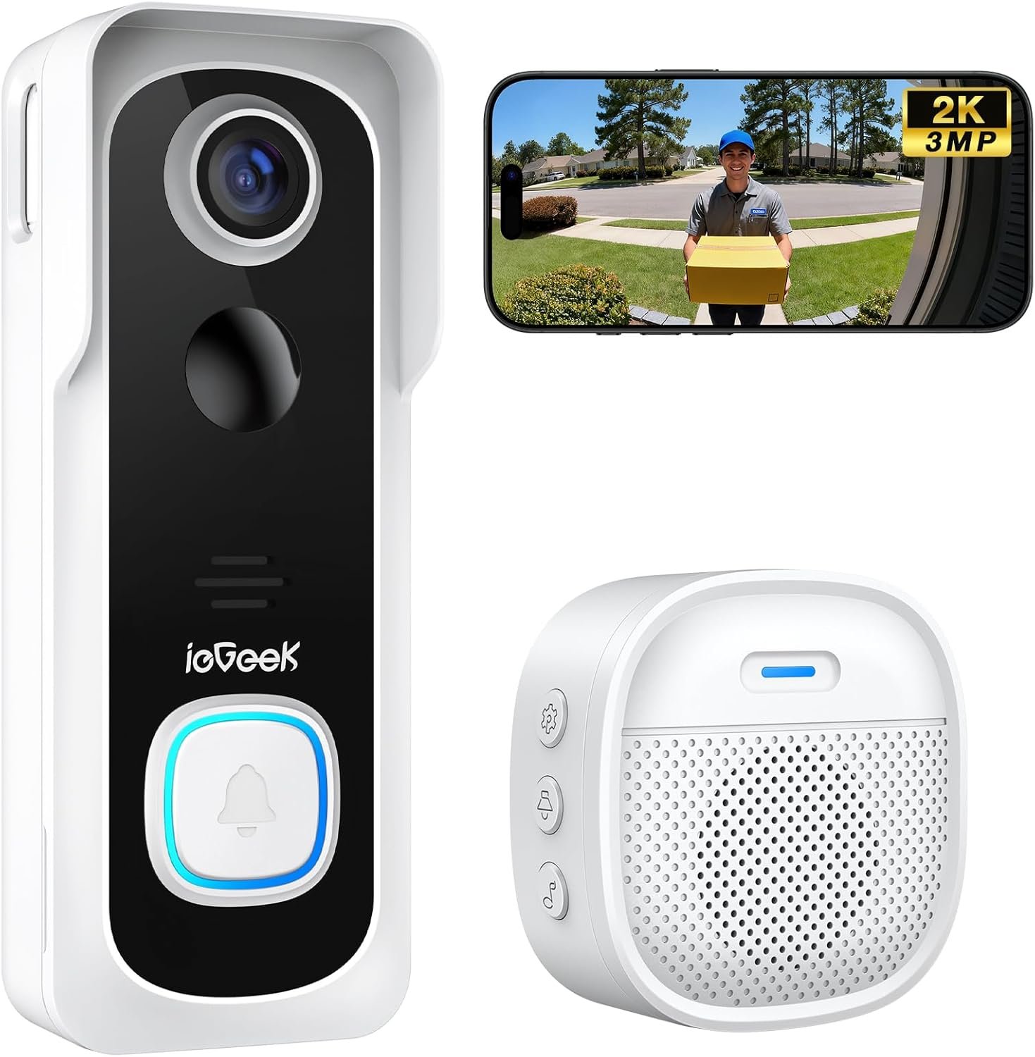 ieGeek Doorbell Camera Wireless No Subscription, 2K 3MP HD View, 2-Way Talk, PIR Motion Detection, Wireless Video Doorbell with Chime, Only Supports 2.4GHz WiFi, Local & Cloud Storage, White