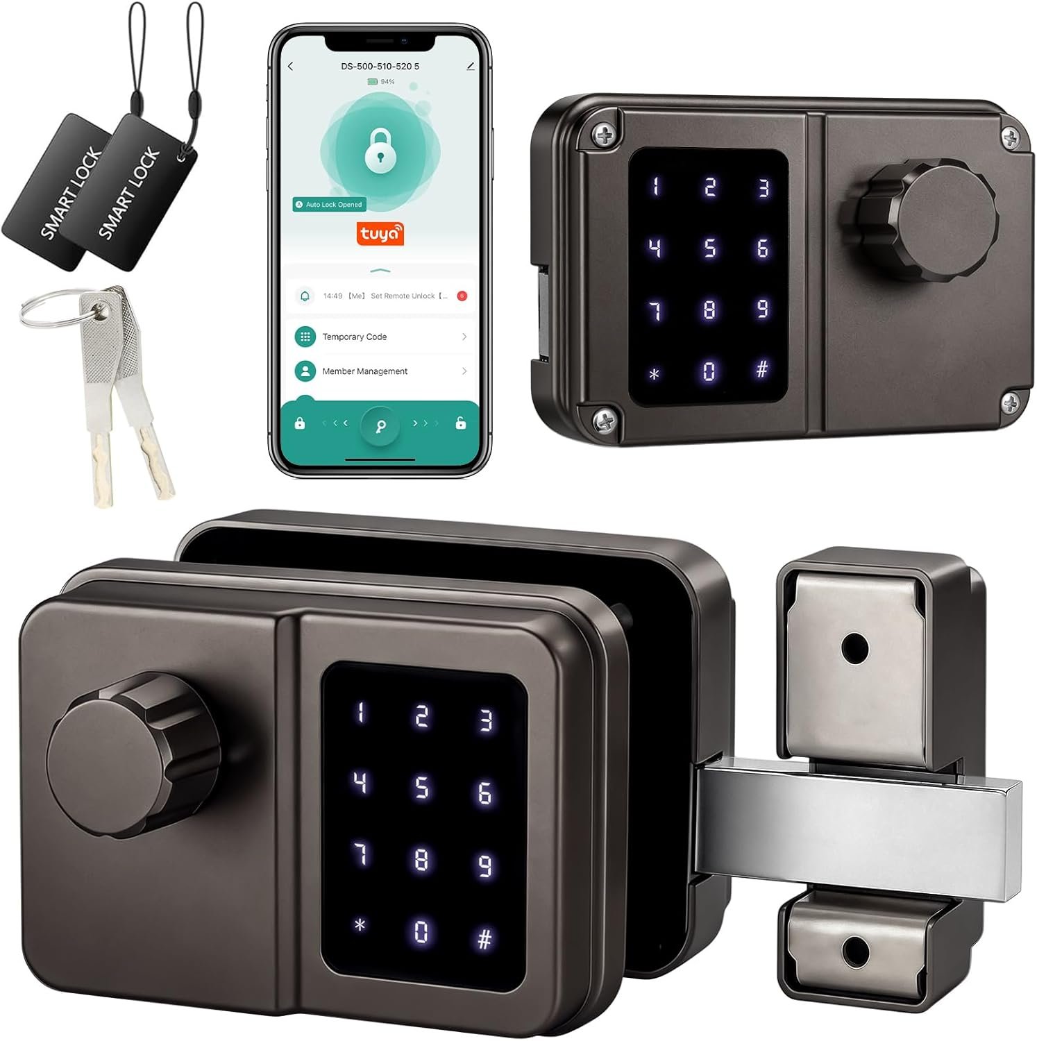 SEPOX Smart Gate Lock, Outdoor Gate Lock for Fence & Garage Door, Electronic Keyless Gate Lock IC Card, Passcode & Mechanical Key, Waterproof Rim Lock for Outdoor Garden Yard (Grey, Dual Screen)