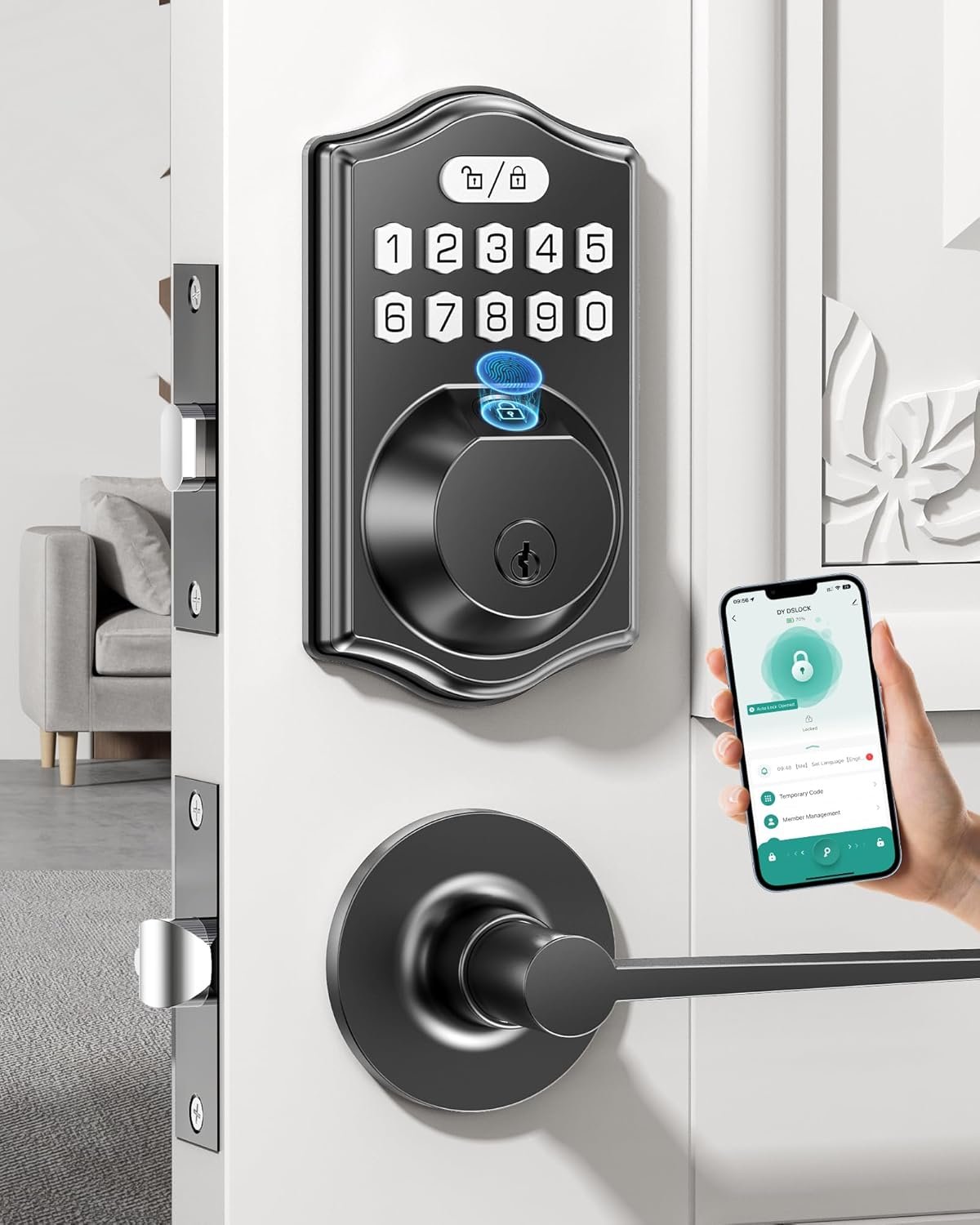 Electronic Door Lock for Family: Keyless Entry Deadbolt & Handle Set – 0.3s Fingerprint & 100 Codes – Weatherproof for Front Door – Smart Lock with Digital Keypad Auto-Lock