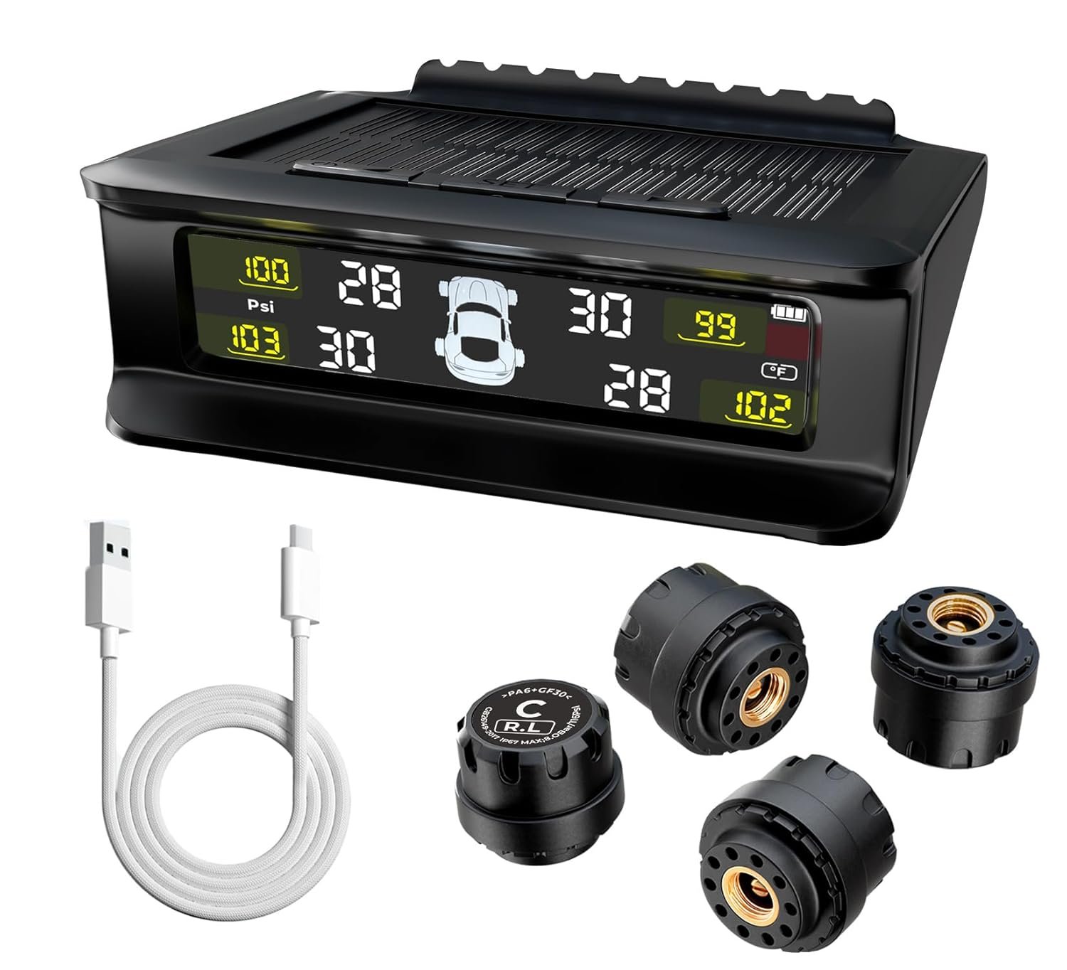 GH1200 Tire Pressure Monitoring System with 4 Sensors, Solar & USB-C Charging TPMS, 6 Safety Alarms, HD Display Tire Pressure Monitor with auto-Backlight, (0-87 Psi) Range, TPMS for Sedan & SUV