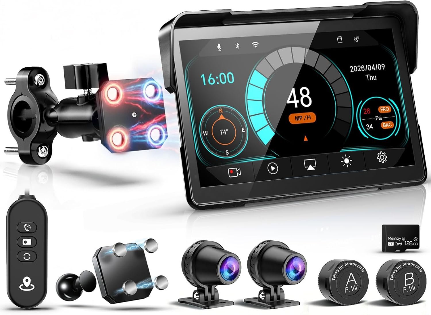 2026 LBW 7″ Wireless GPS Motorcycle CarPlay(Includes 128G SD) with Android Auto Navigation, Dual 2K Dash Cam, HD Waterproof Screen, TPMS, Remote Control, BT, Quick Release Anti-Theft Design Mount
