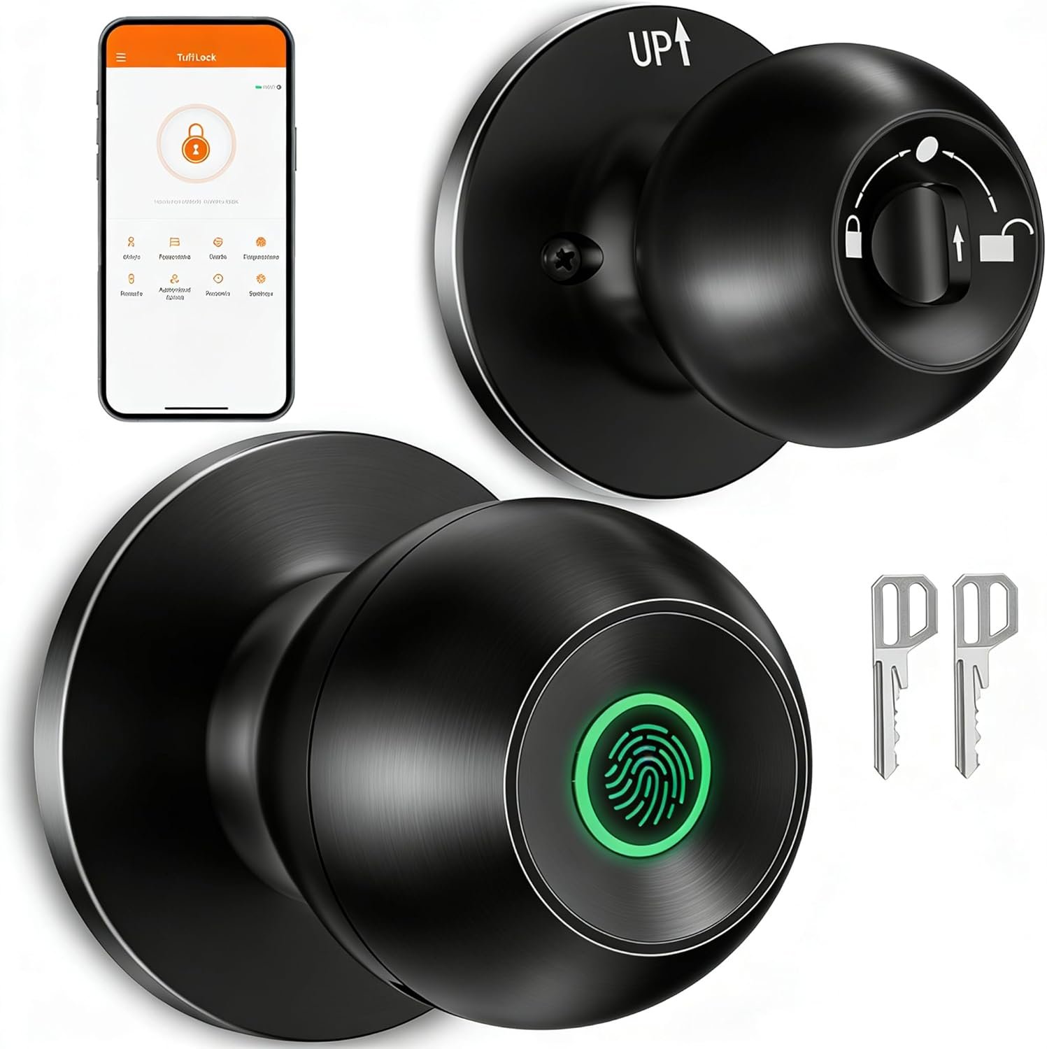 Smart Door Knob, Fingerprint Door Knob, Biometric Smart Door Lock with App Control, Metal Alloy Door Knobs, Easy Installation, Great for Bedrooms, Cloakroom, Apartments Offices, Hotel(Black)