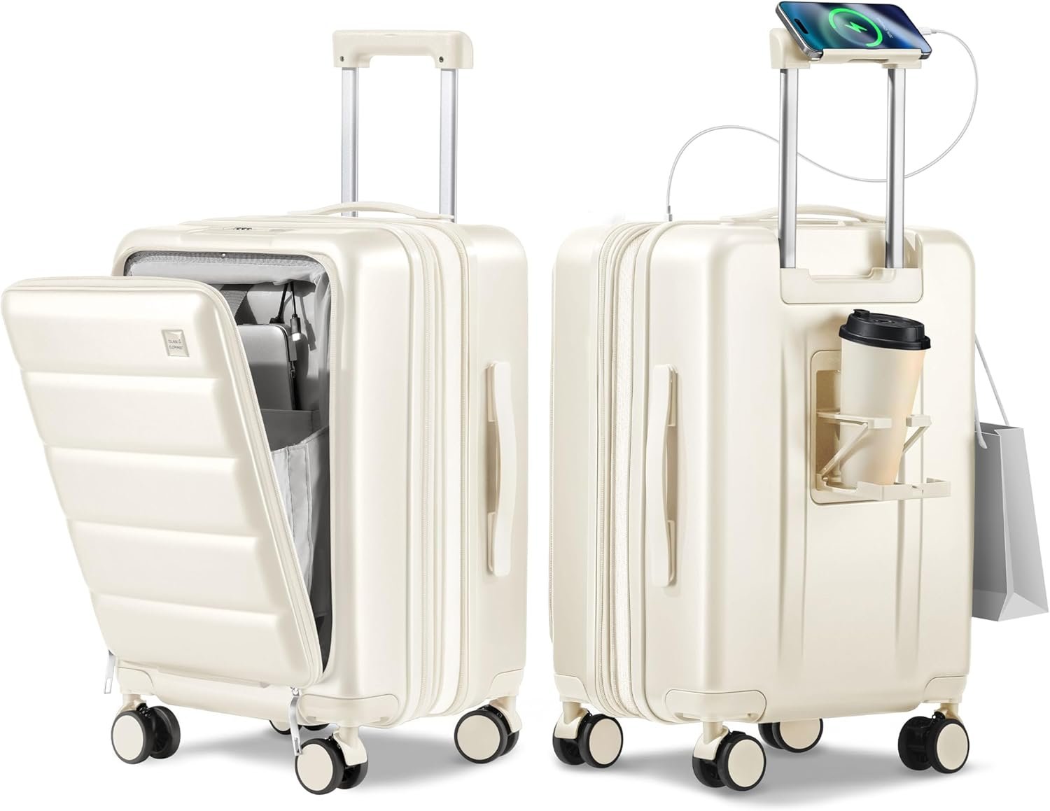 Expandable 20Inch Carry On Luggage Airline Approved – Front Pocket Travel Suitcase 100% PC Unbreakable -with Cup Holder,USB Charge,Side Pothook, 360°Spinner Wheels, TSA Lock-White