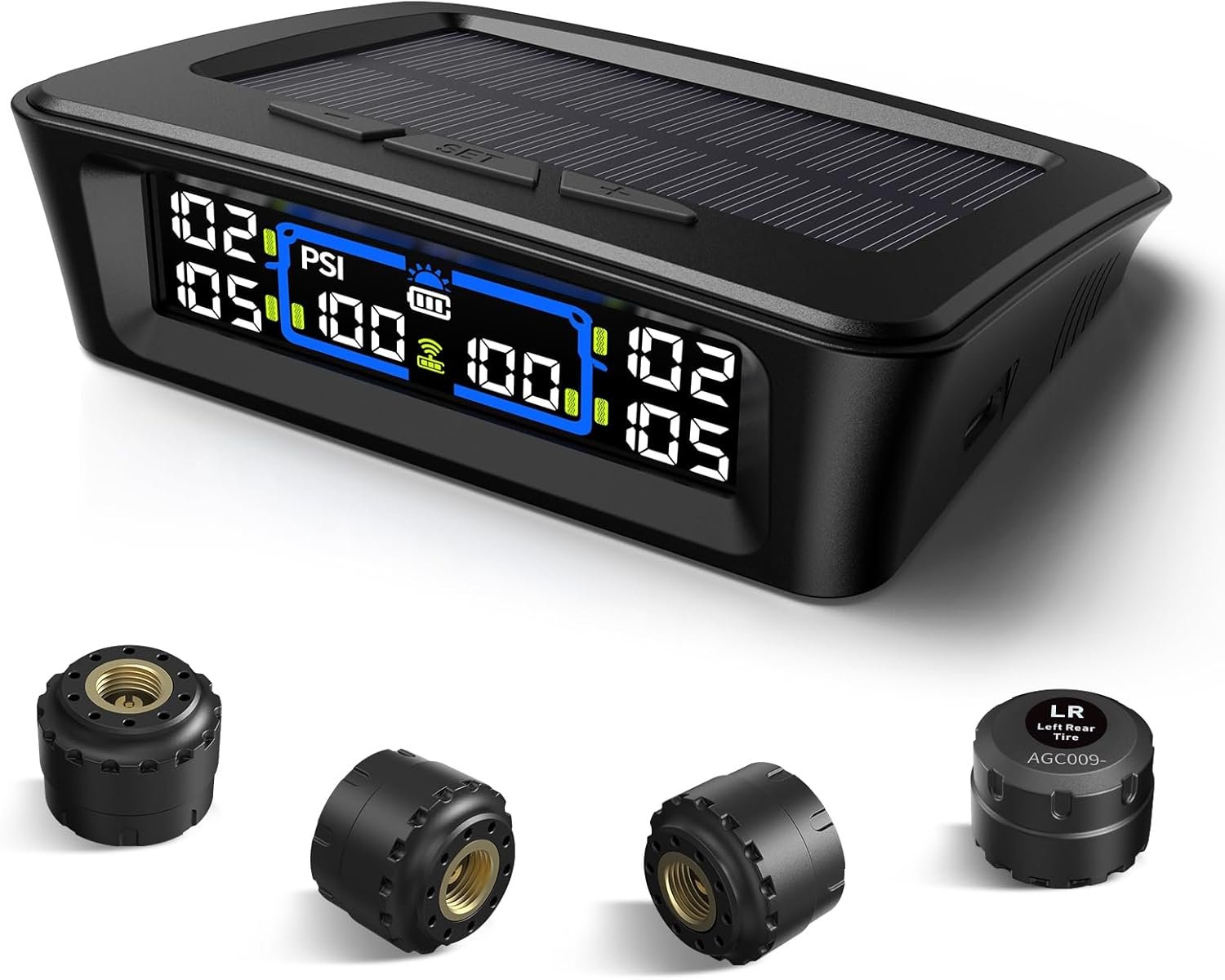 Tymate TM12 RV Tire Pressure Monitoring System, TPMS with USB/Solar Charge, 2026 Latest Version, Set of 4 Sensors(Max. 12), 6 Alarm Modes, 50ft Range, 0-116PSI for RV/Sedan/SUV/MPV/Truck/Older Vehicle