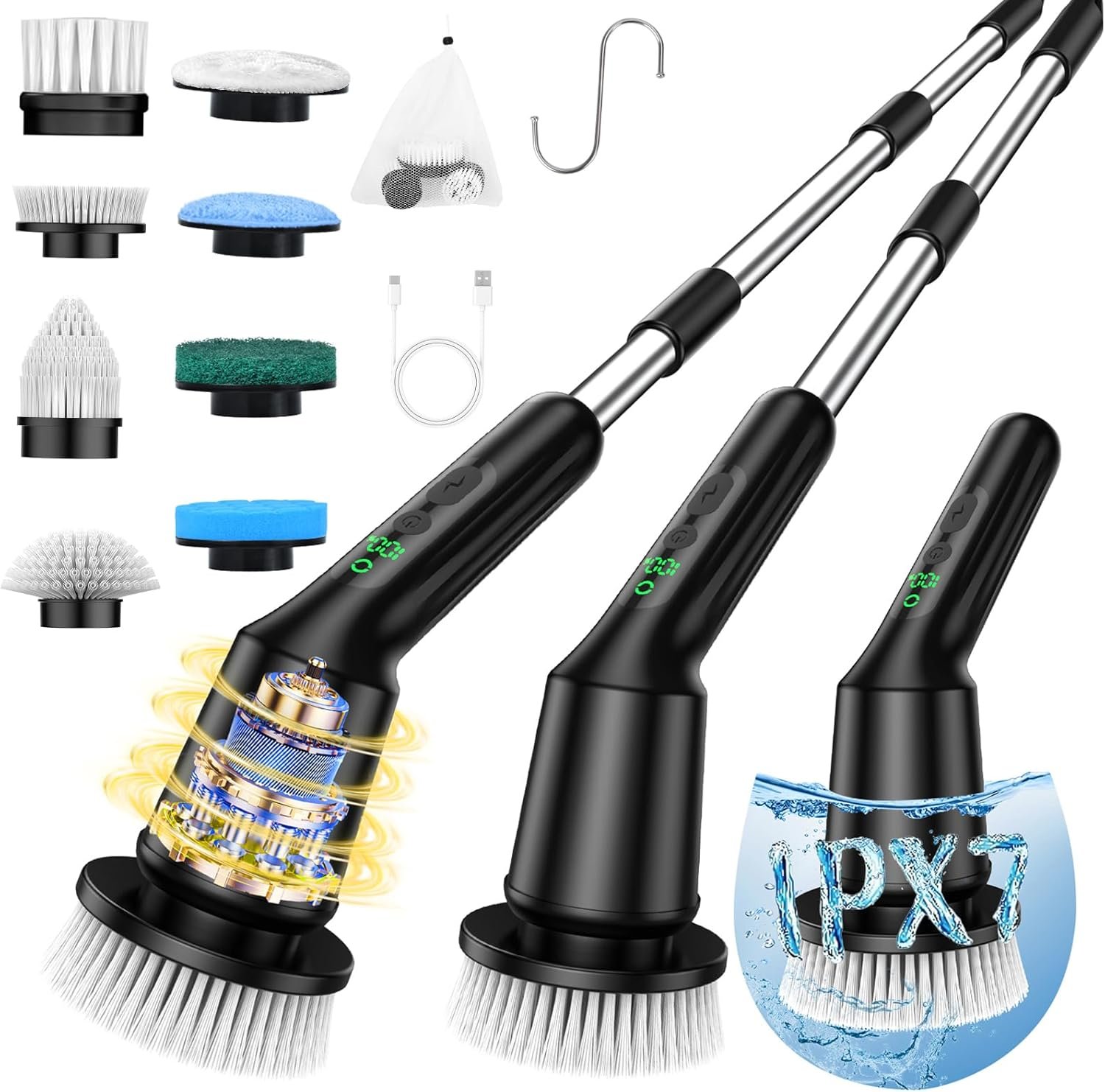 Shower Scrubber with Long Handle, Shower Cleaner Brush with 8 Brush Heads, Cordless Electric Spin Scrubber for Cleaning with 2 Speed, Cleaning Supplies for Bathroom Bathtub Kitchen Floor Tile Toilet