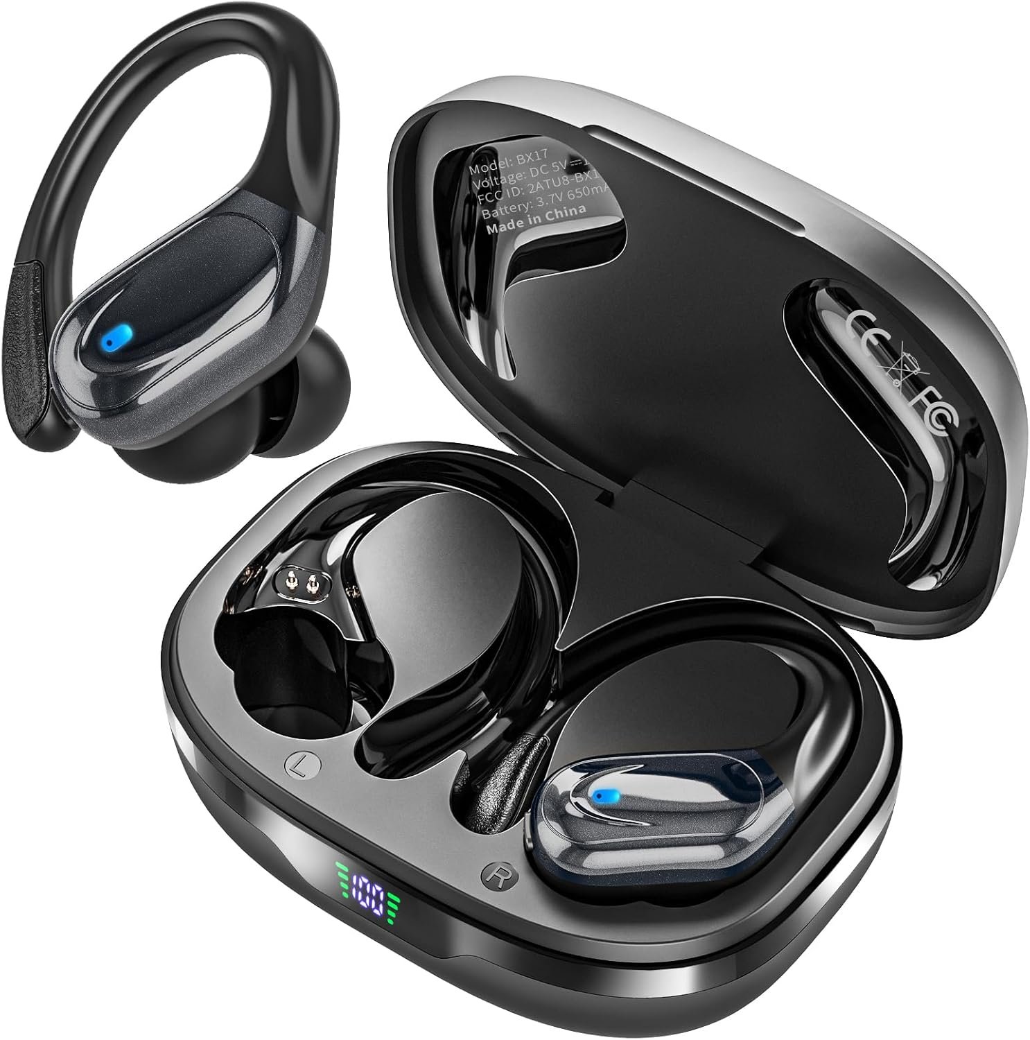 HAOYUYAN Sports Bluetooth Headphones, 80Hrs Playtime Wireless Earbuds with LED Power Display, IPX7 Waterproof Earphones for Workout/Running, Noise Canceling Headset Ear Buds (Black)