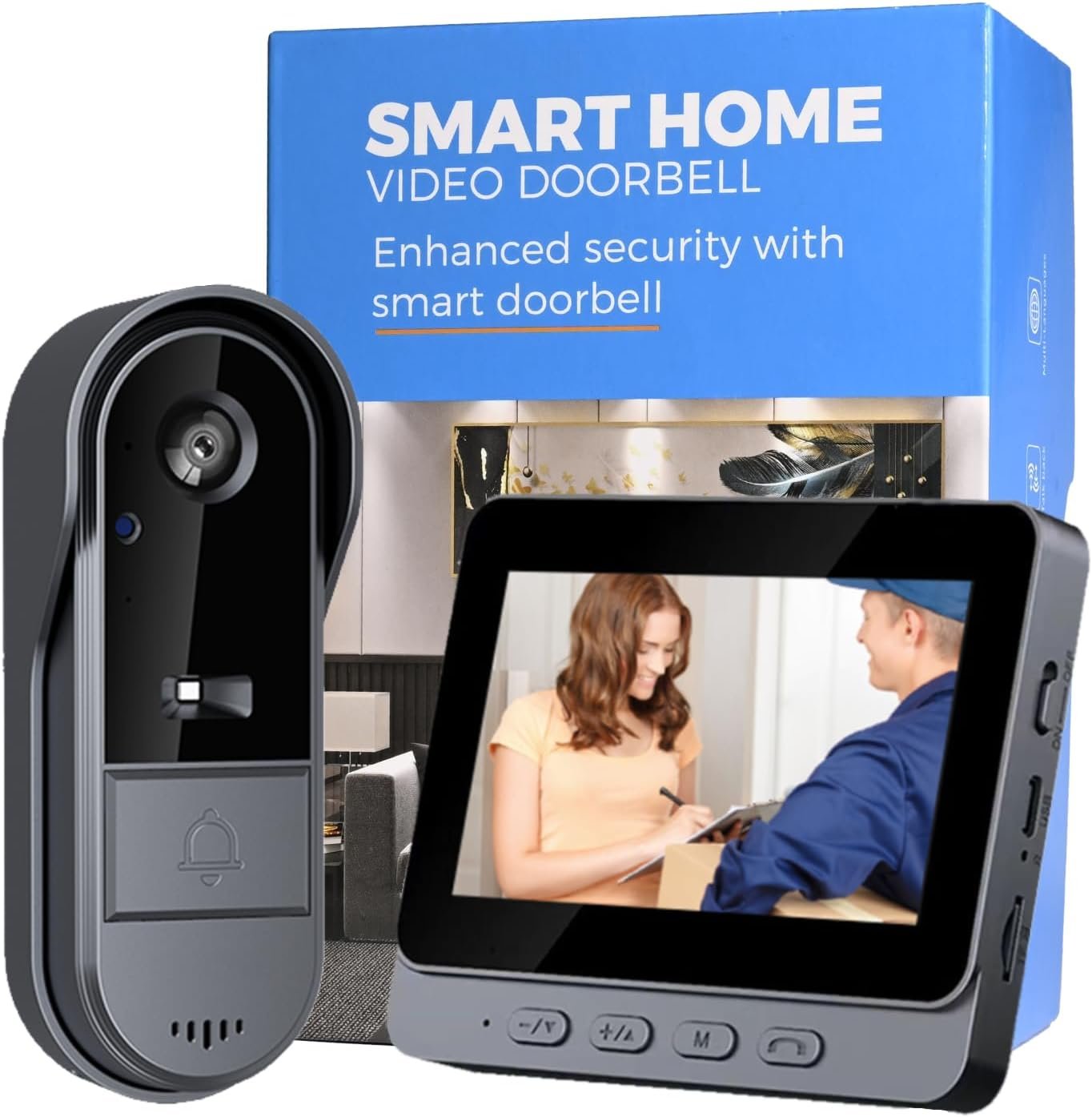 Doorbell Camera Wireless No Subscription Video Door Bell with Wired Screen Two-Way Audio 170° Angle Wide Camera Night Vision IP65 Waterproof for Outdoor No APP No WiFi,Easy to Use for Elder