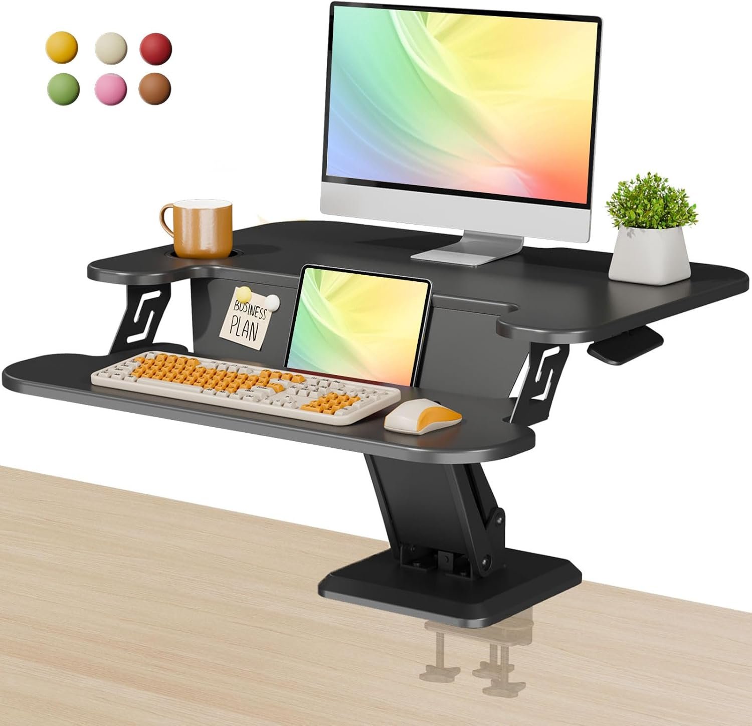 28″ Standing Desk Converter, Height Adjustable Clamp Desktop Riser with Keyboard Tray, Sit Stand Monitor Riser Workstation for Home Office, Magnets Inclued, Black