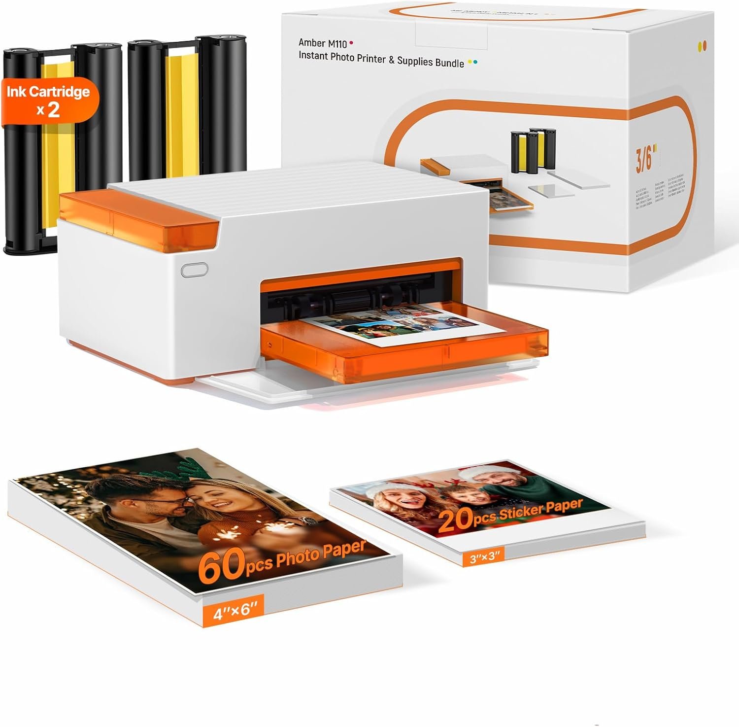 Liene Amber M110 Bluetooth Photo Printer 80 Sheets, Portable Photo Printer for iPhone, Thermal Dye Sublimation, Picture Printer 60 Sheets 4×6 Paper & 20 Sheets 3″ Square Sticker Paper & 2 Cartridges