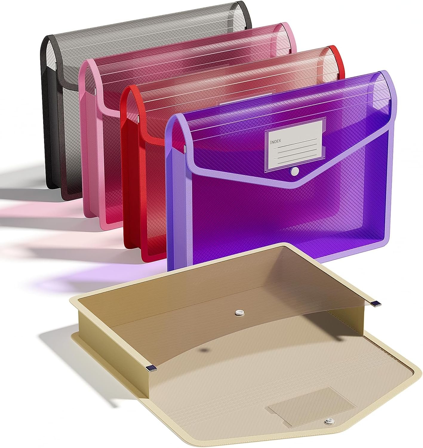 ThinkTex Plastic Expanding File Folder, Transparent Envelopes with Snap Closure, No Dividers, Large Capacity, Document Organizer for Receipts, Bills & Taxes, Fits Letter / A4 Size – 5 Pack