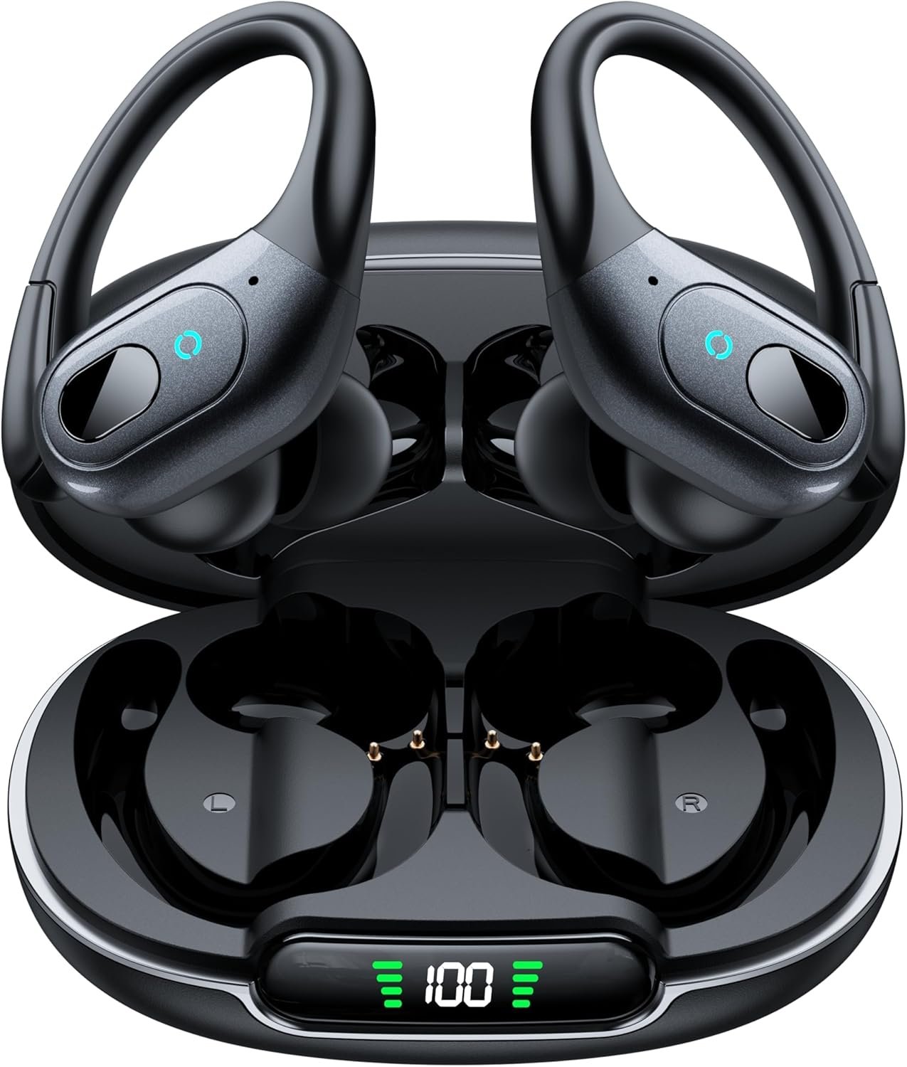 occiam Active Noise Cancelling Earbuds Wireless Bluetooth Headphones Ear Buds 90Hrs Playback Stereo Bass Earphones with Mic Over-Ear Hooks IPX7 Waterproof Headset for Work Sports Running Matte Black
