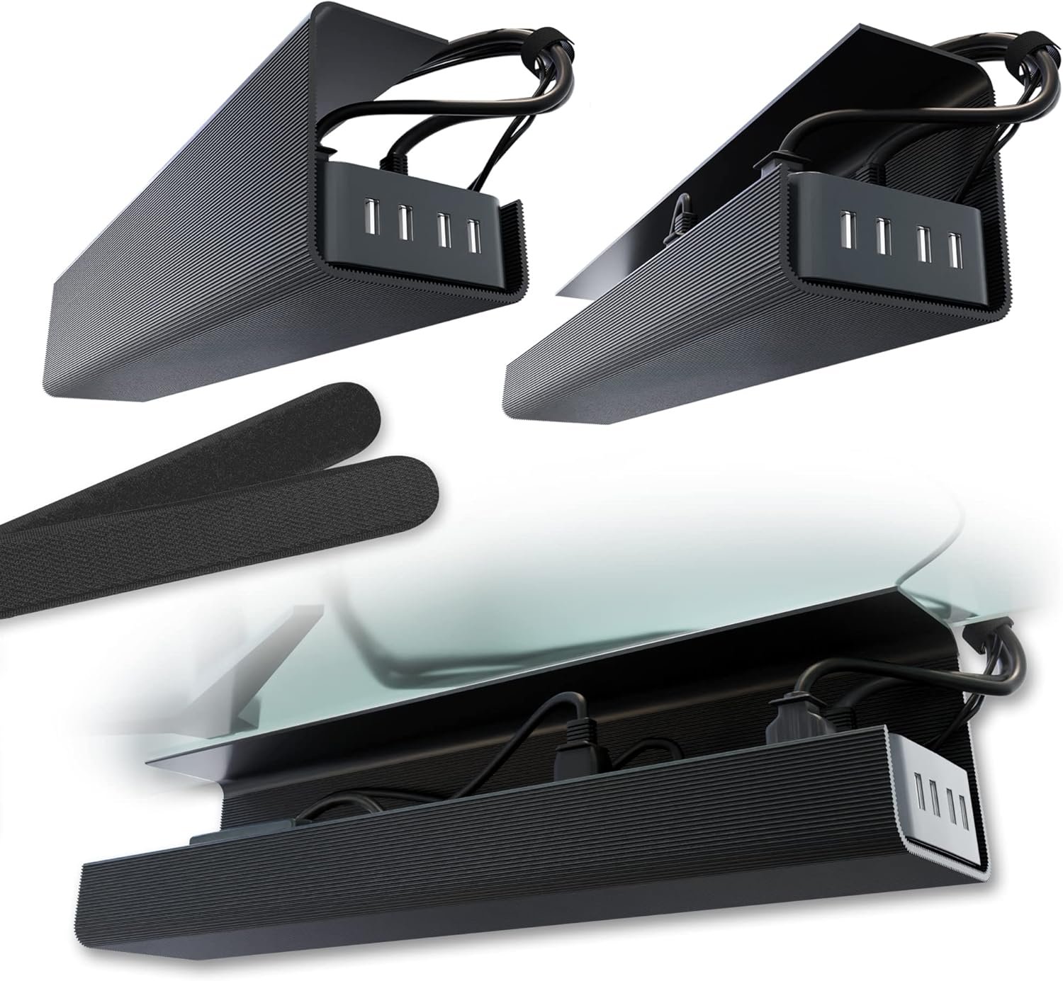 No-Screw Under Desk Cable Management Tray – Self-Adhesive Installation, Cord Management, Cable Tray, Under Desk Wire Organizer – Black Set of 2
