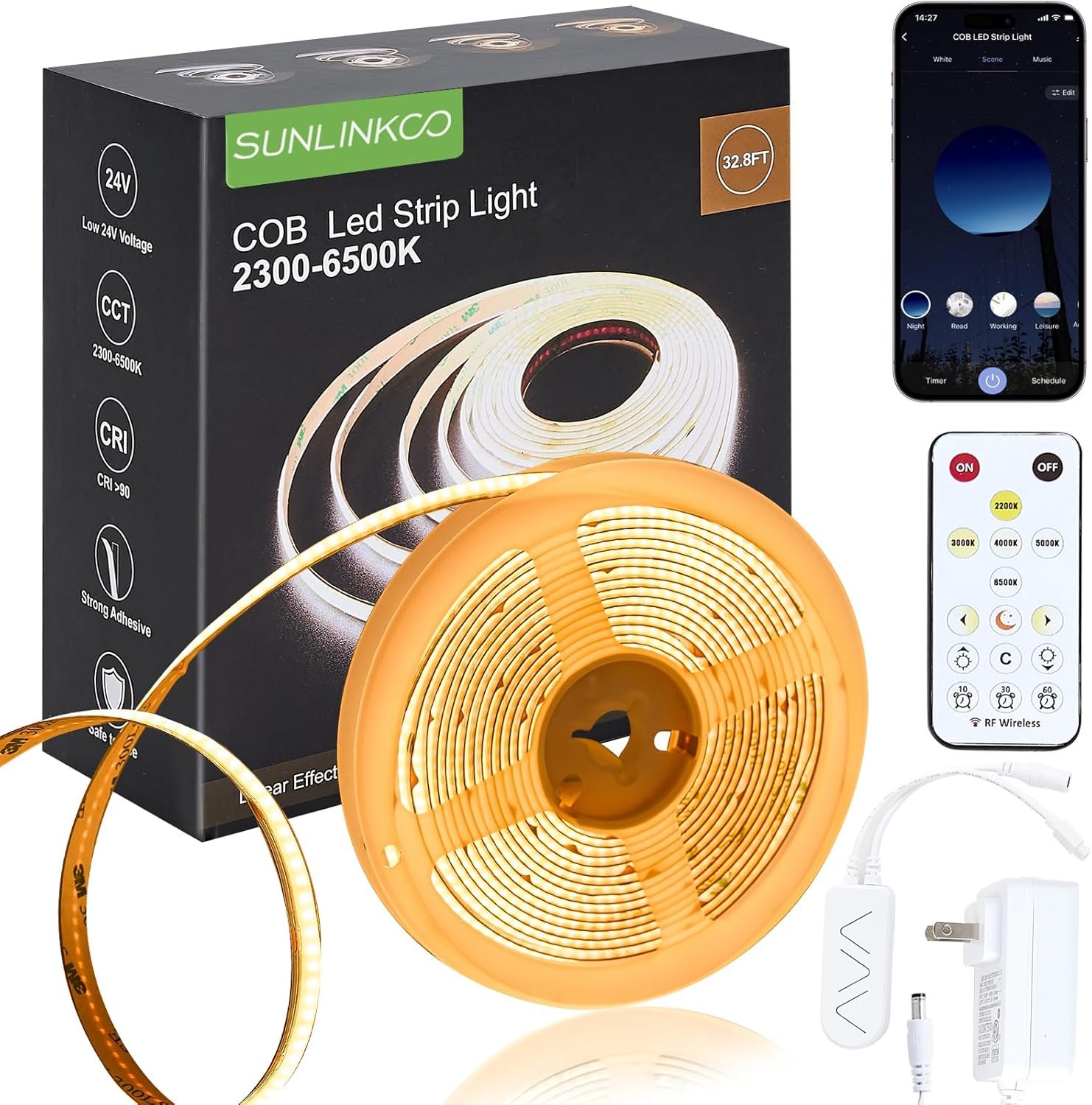 COB LED Strip Light 16.4ft, Dimmable 2300K-6500K White CCT Tunable, DC 24V Cuttable LED Tape Light, High Density 3040 LED 36W CRI 90, APP Remote Control, Music Mode, For Home DIY, Living Room, Bedroom