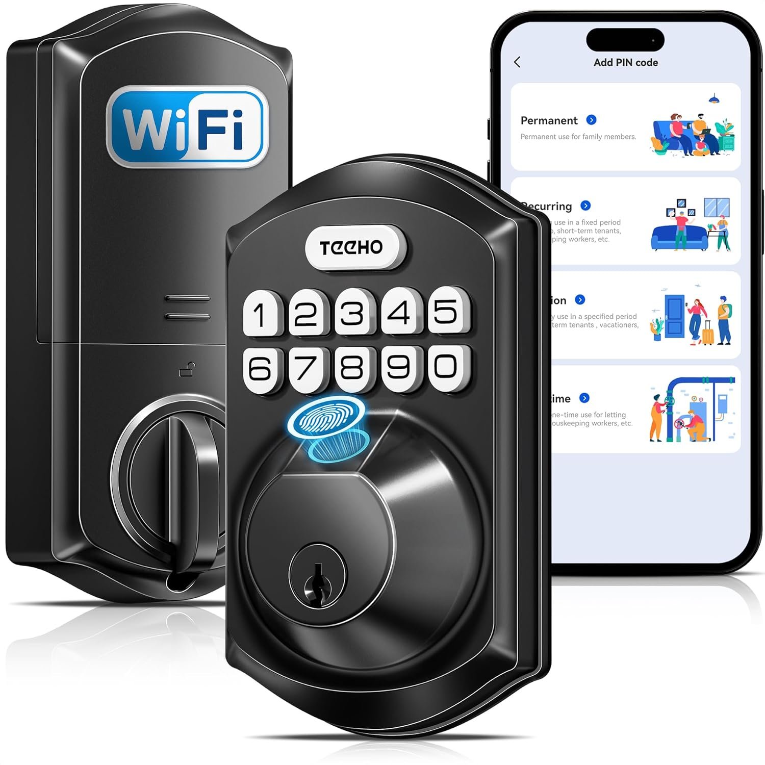 TEEHO TE012W WiFi Smart Lock, Fingerprint Door Lock with Built-in Wi-Fi, Keyless Entry Keypad Smart Deadbolt, App Remote Control, Alexa Compatible, IP55 Waterproof for Front Door – Matte Black