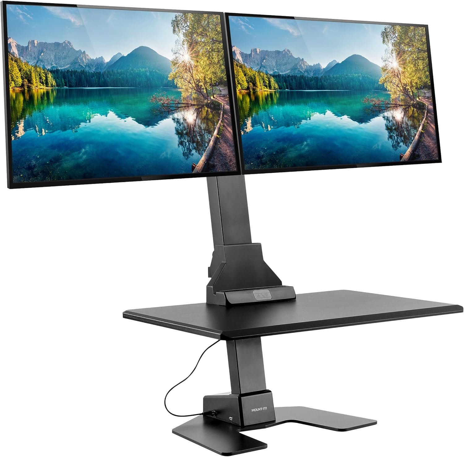 Mount-It! Double Monitor Electric Standing Desk Converter – 2 Screens Stand Up Desk Riser – Height Adjustable Desktop & 2 Mounts for Screens up to 32″, Sit-Stand Convertor for Home, Office, School