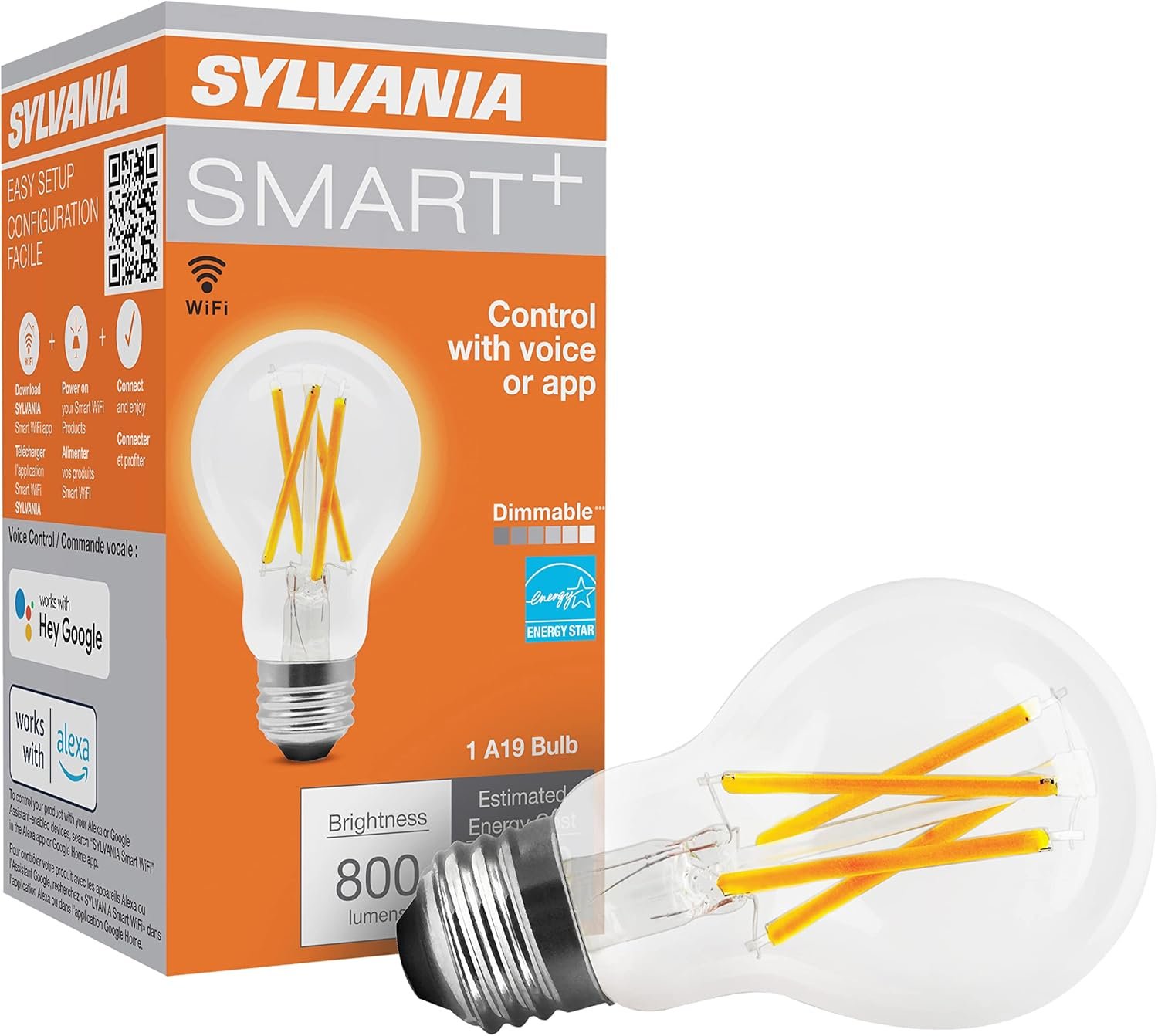 Sylvania WiFi LED Smart A19 Light Bulb, 7.5W Efficient with Filament, for Alexa/Google Assistant, Energy Star, Clear, 2700K, Soft White – 1 Pack (75797)