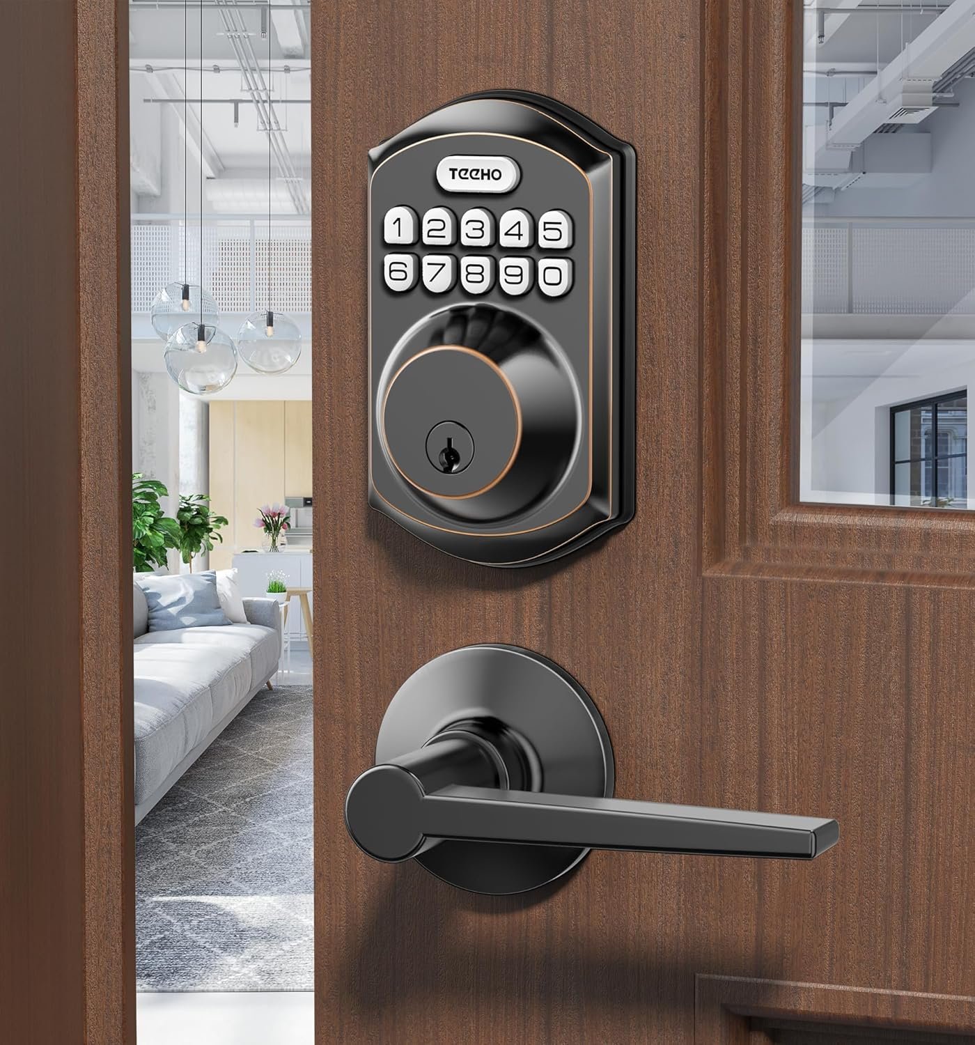 TEEHO TE001L Keyless Entry Door Lock with 2 Handles – Electronic Keypad Deadbolt with Door Lever, Front Door Handle Sets, Auto Lock, Easy Installation, Oil Rubbed Bronze