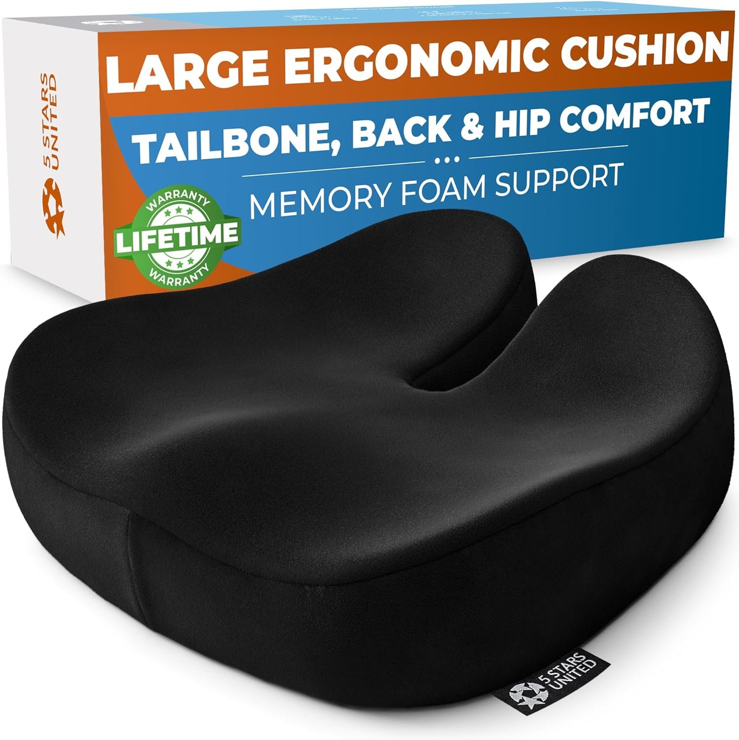 5 STARS UNITED Seat Cushion – Memory Foam Chair Cushion for Tailbone Pain Relief – Ergonomic Support for Coccyx, Sciatica & Butt – Office, Desk & Gaming Chair, Car Seat, Wheelchair, Black Suede