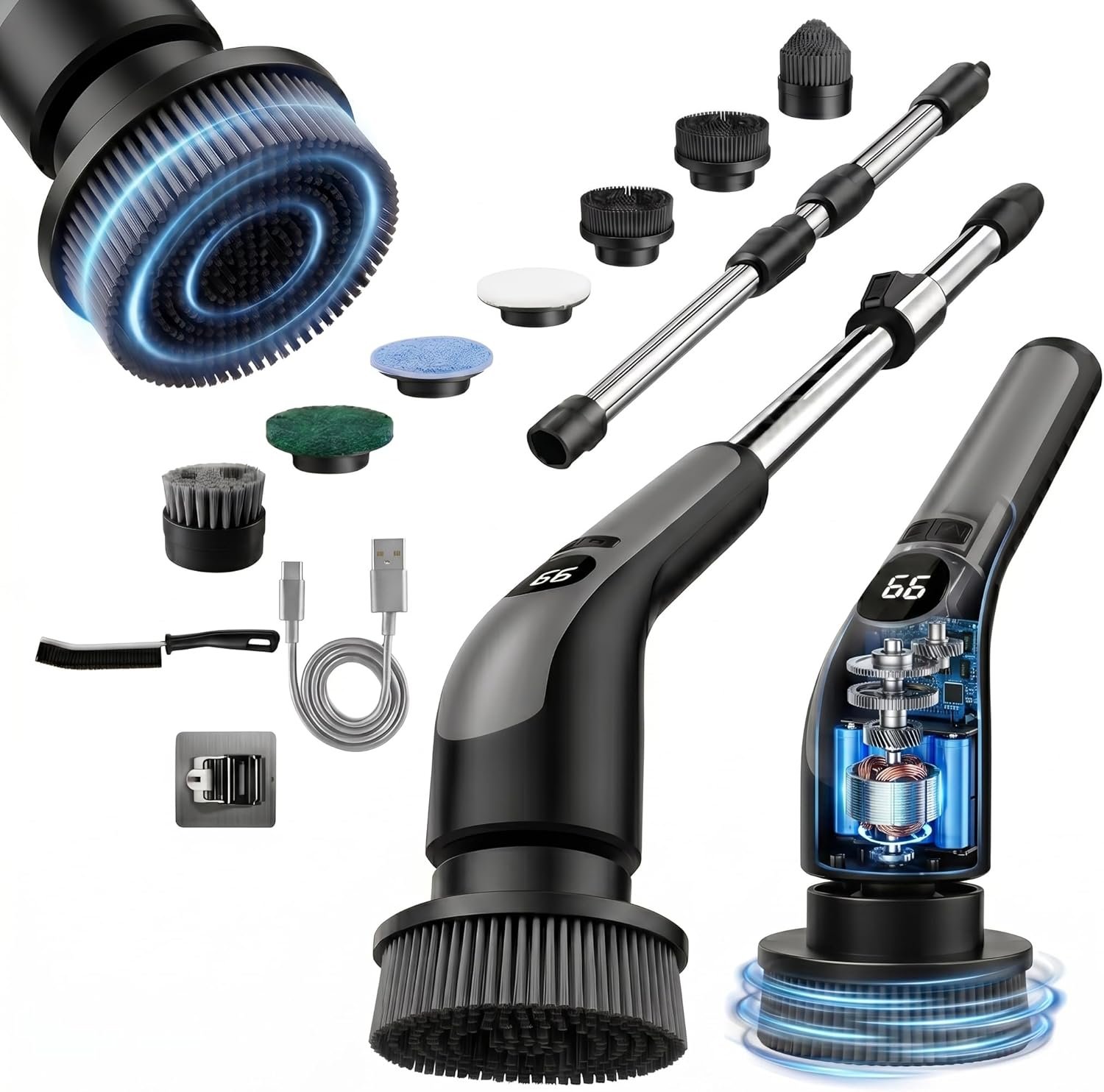 LIVINGPRO Electric Spin Scrubber with LCD Display, Cordless Clearning Scrubber for Home, Upgraded 70W High-Power Motor, IPX7 Waterproof Dual Speed Power Scrubber, 7 Brush Heads, Extendable Long Handle
