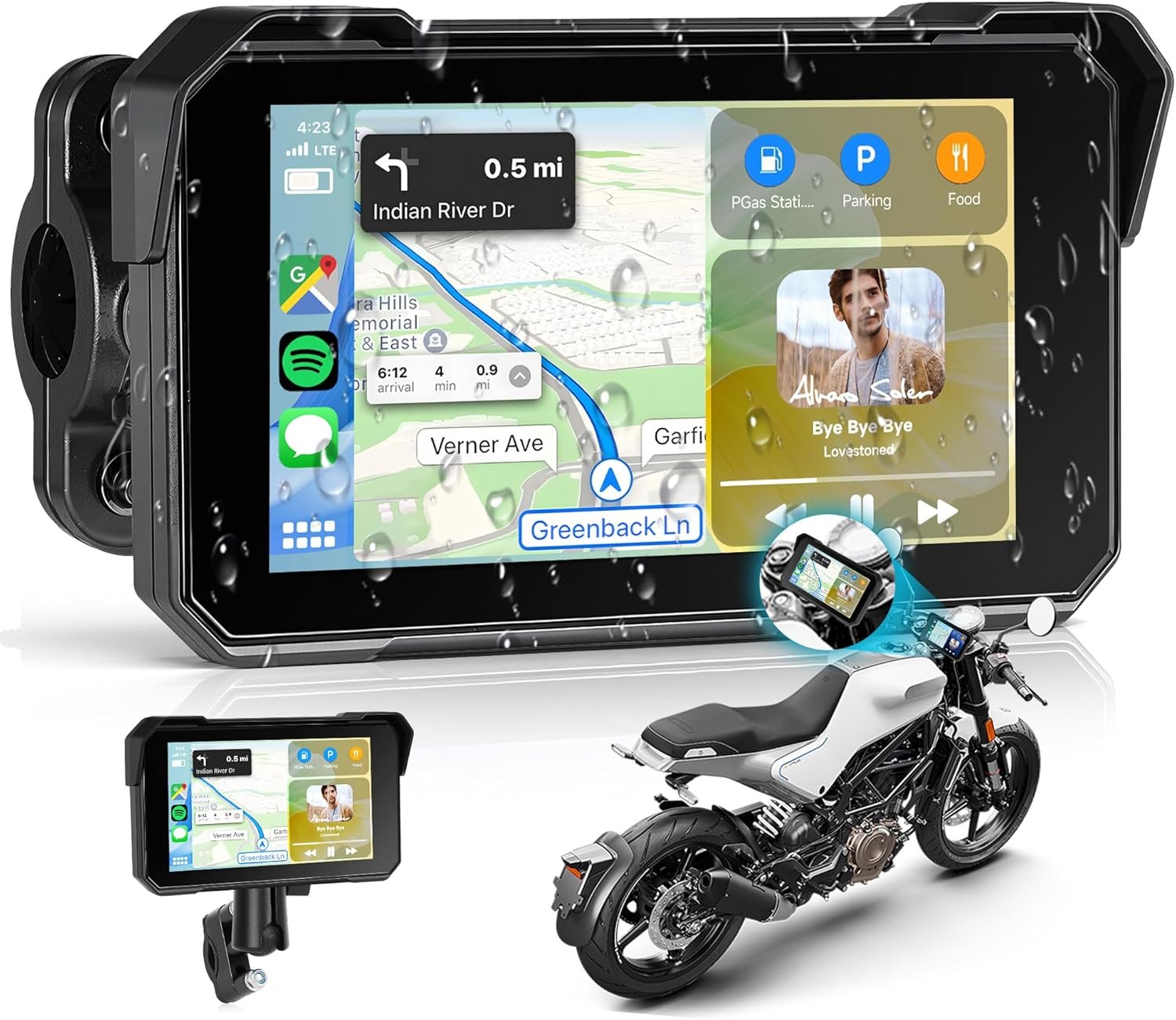 Rimoody 5 Inch Portable Wireless CarPlay & Android Auto Motorcycle Screen, IP68 Waterproof Touchscreen GPS Navigation for Motorbike, Bluetooth Dual Mode, Anti-Theft, Support TPMS & TF Card