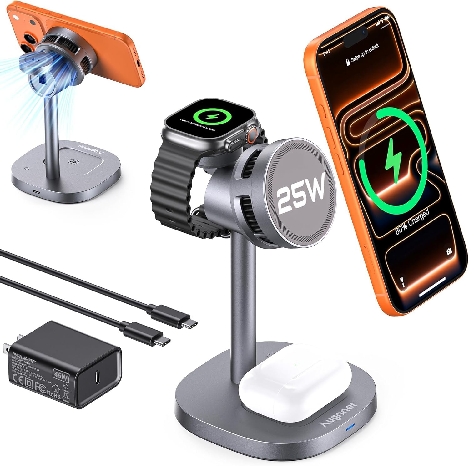 Augnner 3 in 1 Wireless Charging Station, Qi2.2 25W Certified Fast Magnetic Charger, Mag-Safe Wireless Charger Stand with TEC Active Cooling, for iPhone17/16/15/14/13/12, Apple Watch/AirPods