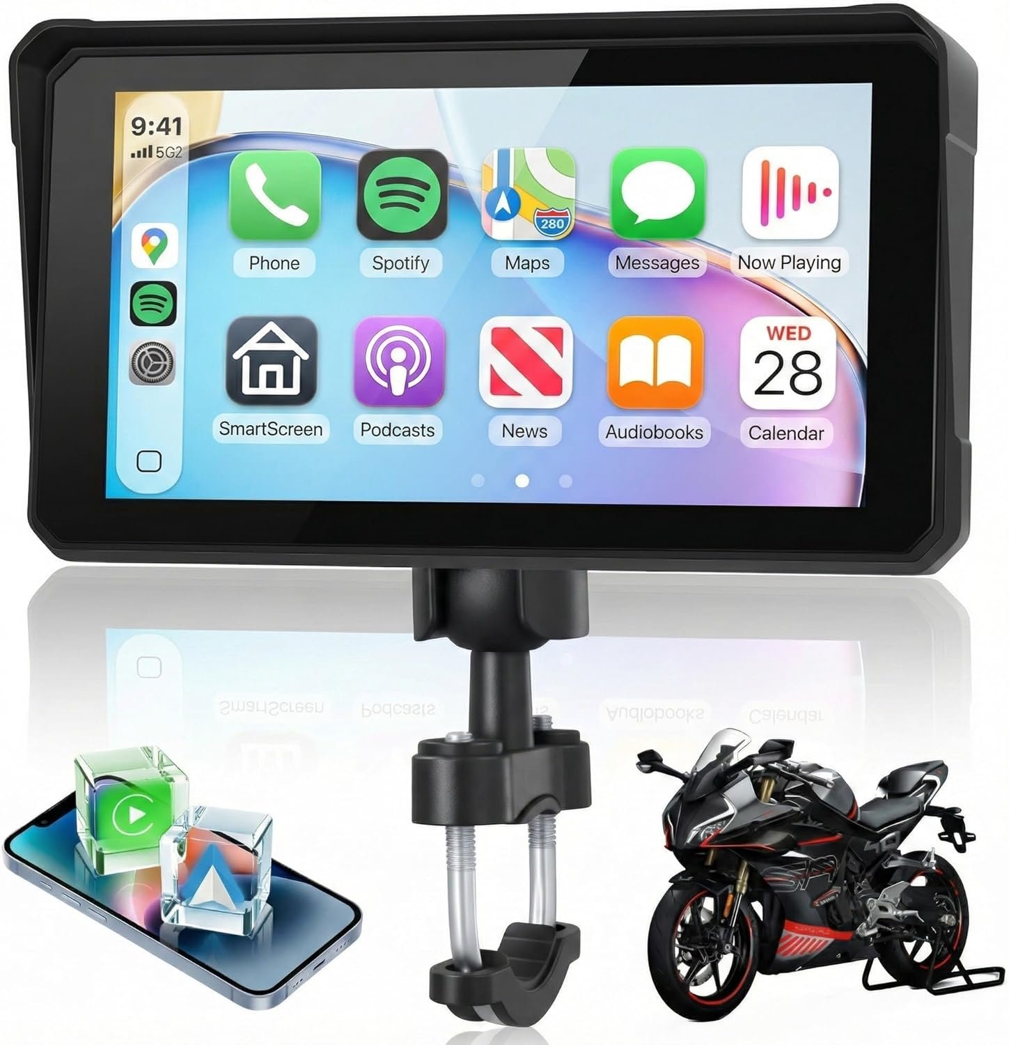 6 Inch Motorcycle Wirelsss Carplay Screen, Portable Touchscreen Motorcycle GPS Navigation System Car Play Moto Android Auto, Dual Bluetooth, IP68 Waterproof Moto Screen, Si-ri, Goo-gle Assistant
