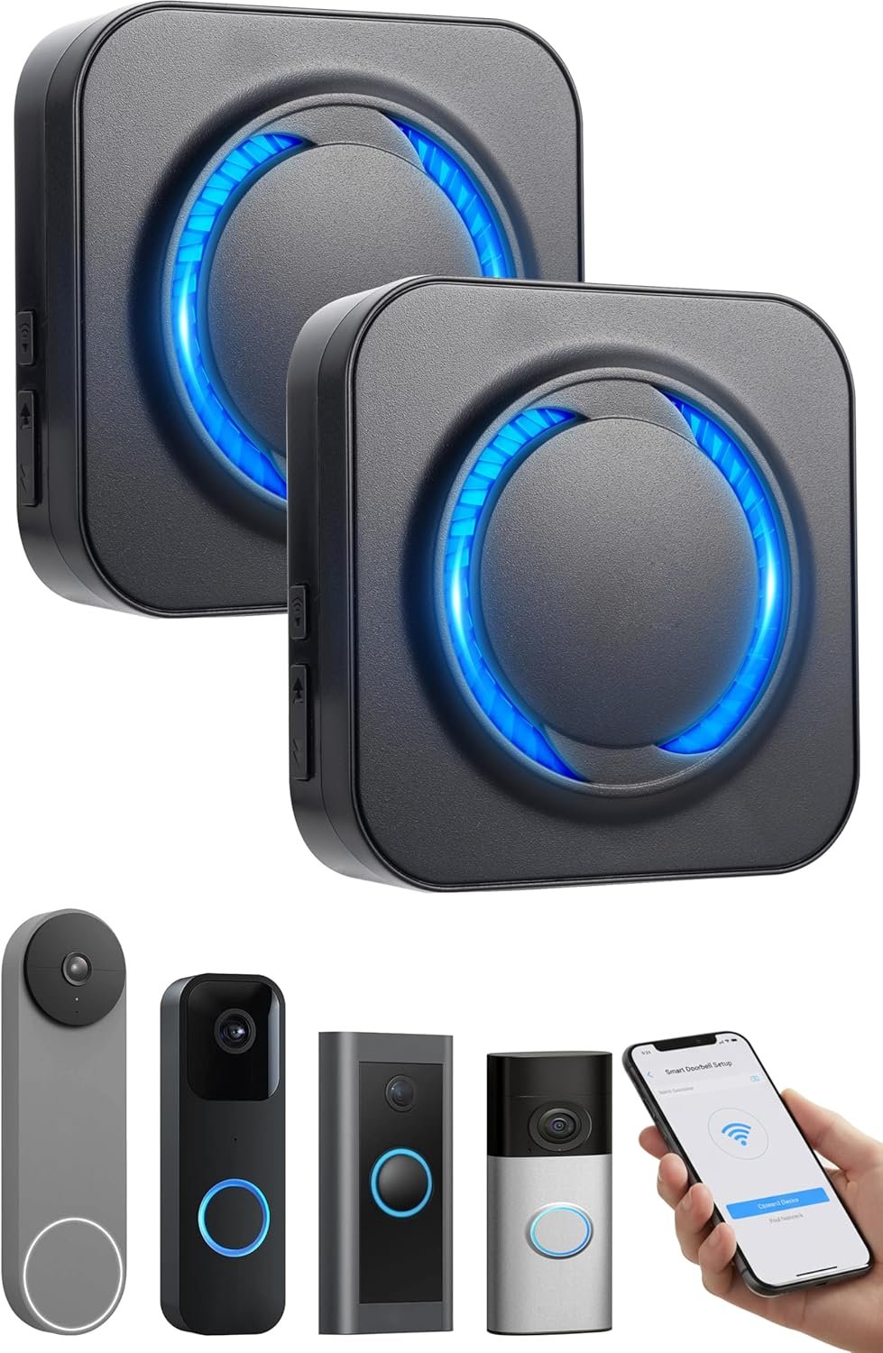 Smart Wireless Doorbell Chime for Ring, Blink, Google Nest – 2-Pack, 99+ Expandable, Works with Alexa,No Wiring/Subscription,No Range Limits,58 Chimes,5 Volume, Easy to Setup, Ideal for Large Homes