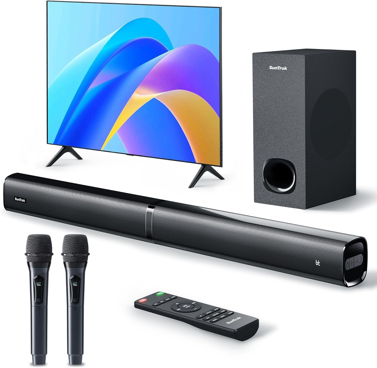 Soundbar with Subwoofer for TV, Home Theater Bluetooth 5.3 Speaker System with 2 Wireless Karaoke Microphones, Surround Sound Audio with HDMI ARC, Optical, AUX, USB for Movie, Music, Family Party