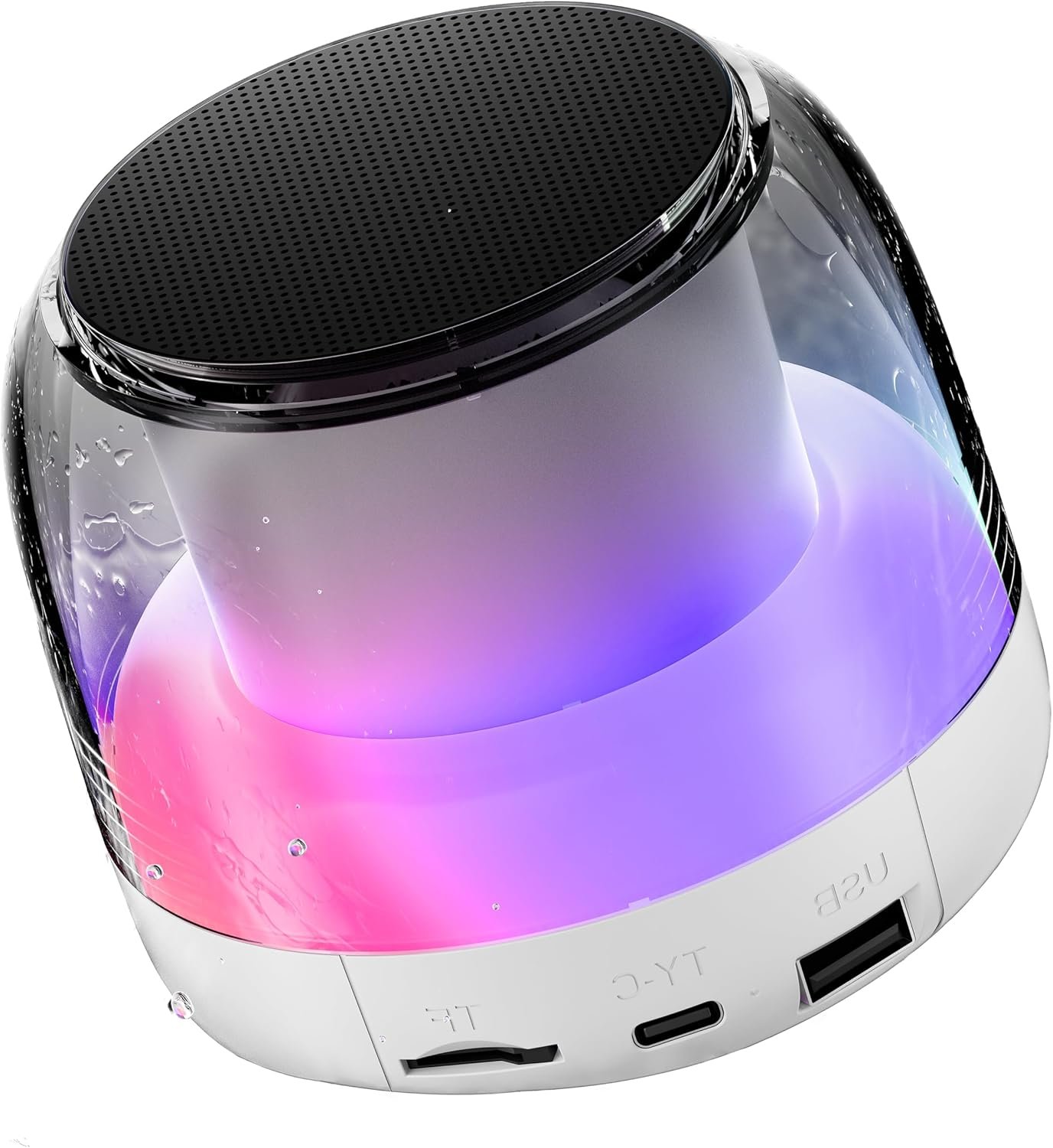 Portable Speaker Bluetooth with Loud Stereo Sound, Mini Wireless Speaker with 7 RGB Lights, TF-Card USB, TWS Pairing, 4H Playtime, IP7 Waterproof Speakers for Travel Party Home Outdoor Gift, White