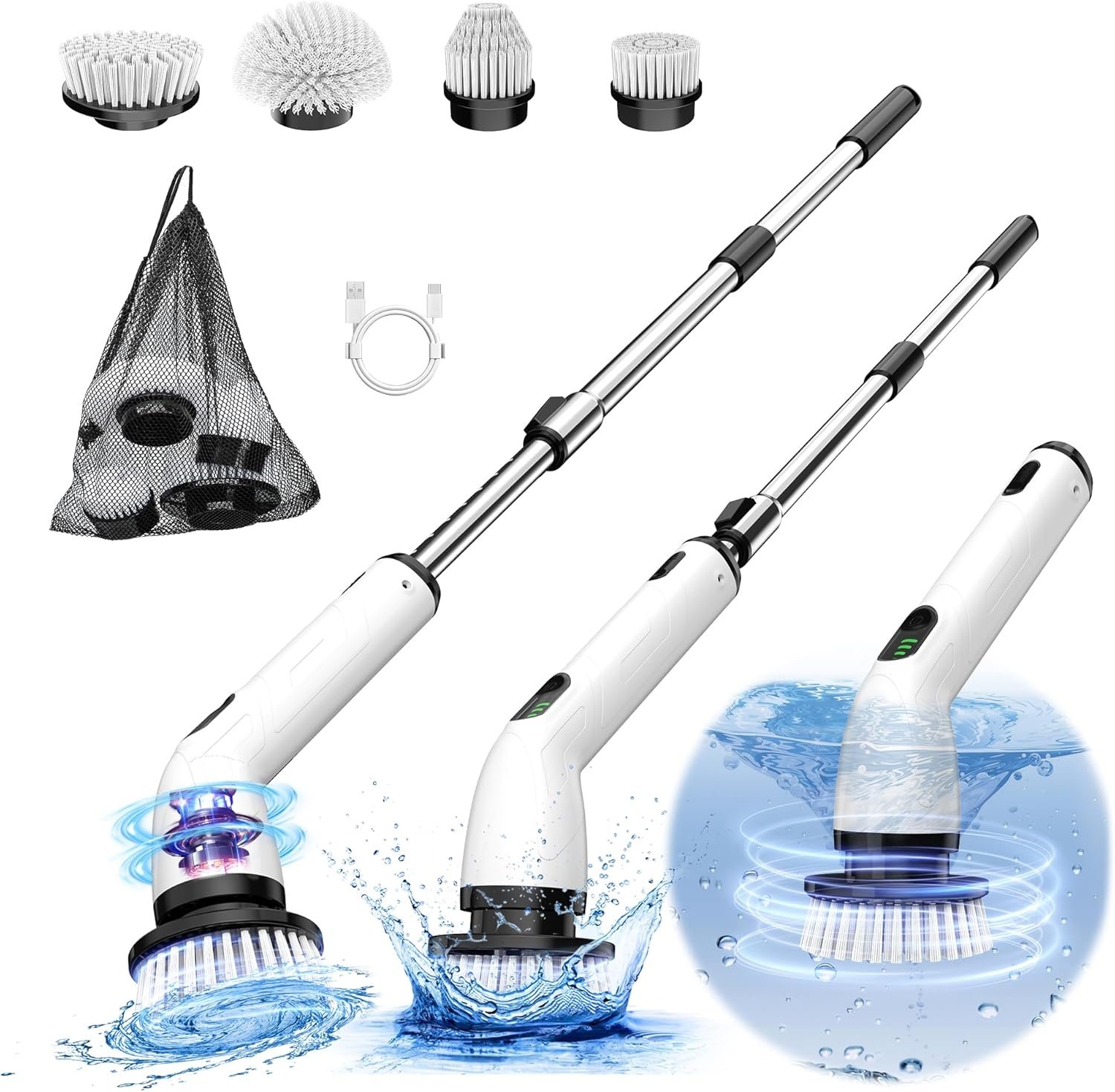 Keimi Electric Spin Scrubber, Full-Body IPX7 Waterproof Cordless Shower Scrubber with 4 Replaceable Heads, Upgraded Extension Handle, 2H Work Time, 2 Speeds for Bathroom Shower Tile Glass