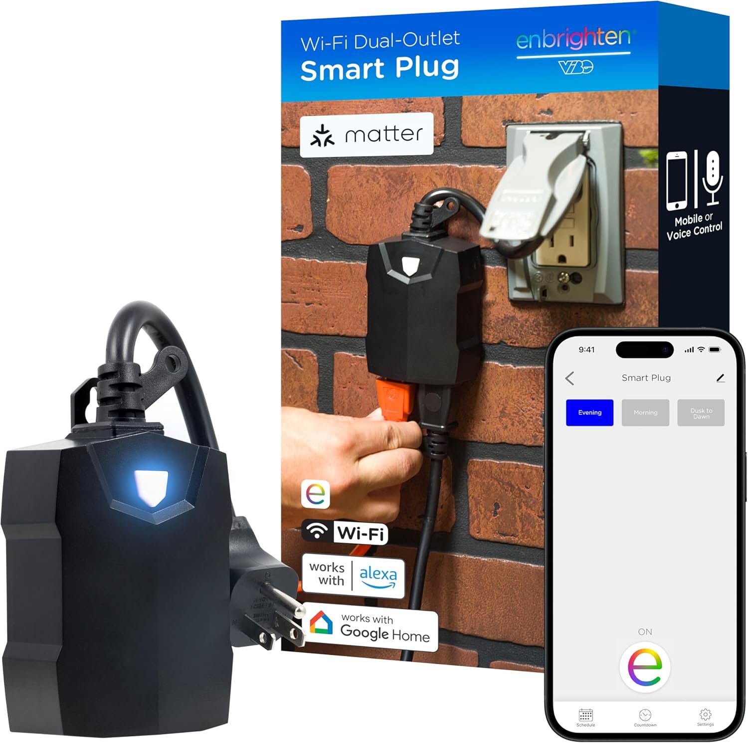 Enbrighten Vibe Outdoor Dual‑Outlet Wi‑Fi Matter Smart Plug, 2.4GHz, No Hub Required, Compatible with Alexa, Google Assistant and Apple HomeKit, Dual Grounded Plug‑in Outlets, 81912-TS1