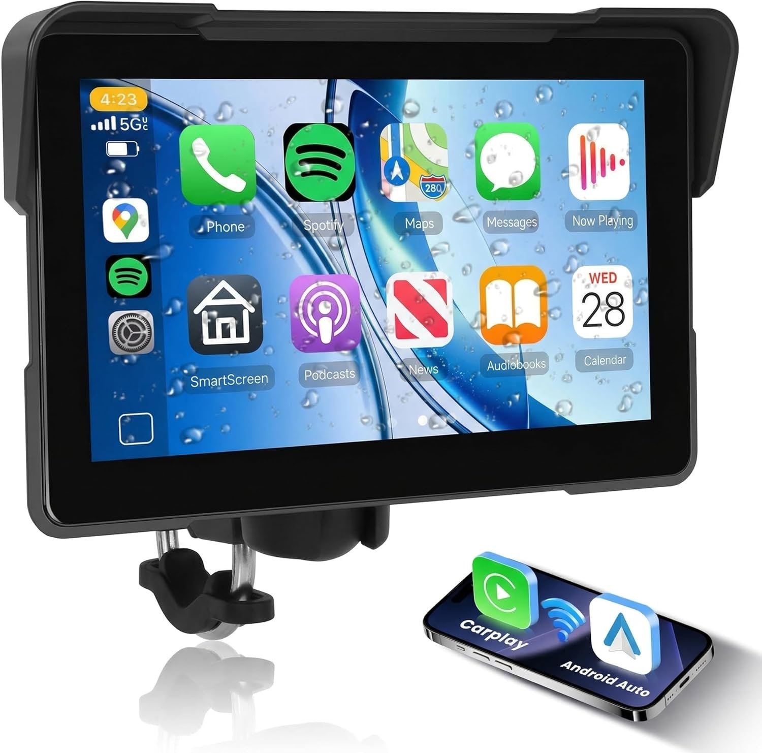7 Inch Motorcycle CarPlay GPS Navigation System, Android Auto Portable CarPlay Screen for Motorcycle, Dual Bluetooth Car Play Moto, Si-ri, Goo-gle Assistant, EQ, IP67 Waterproof Touchscreen