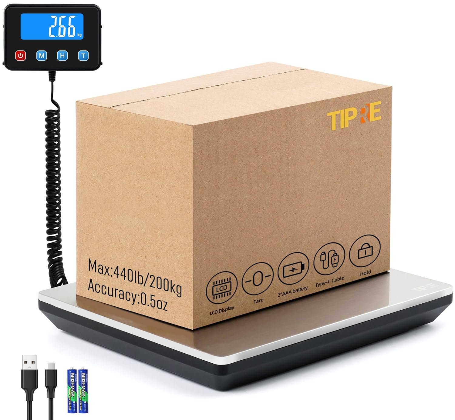 TIPRE Digital Shipping Postal Scale 0.5 oz High Accuracy! 440lb Commercial Weight Scale for Package, Small Business, Mail, Warehouse, Home, Dual Powering Source & Cable Provided