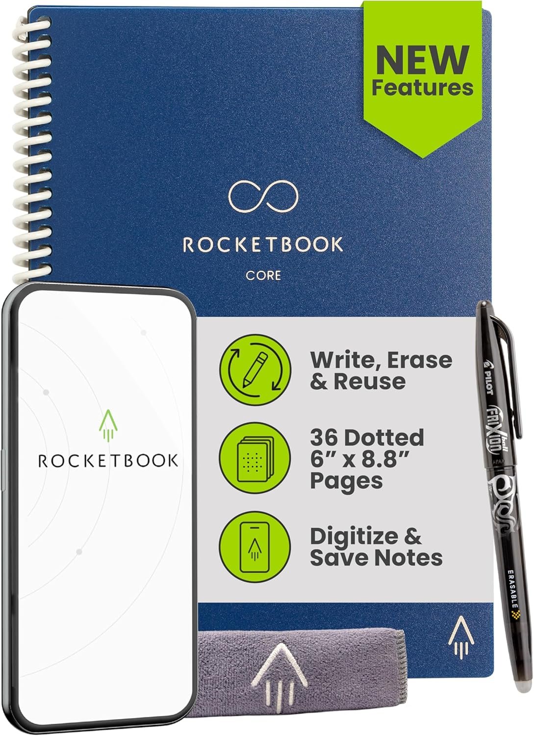 Rocketbook Core Reusable Smart Notebook, Dot Grid Pages For School, Work and Creative Projects, Executive Size 6×8.8, Blue – Premium