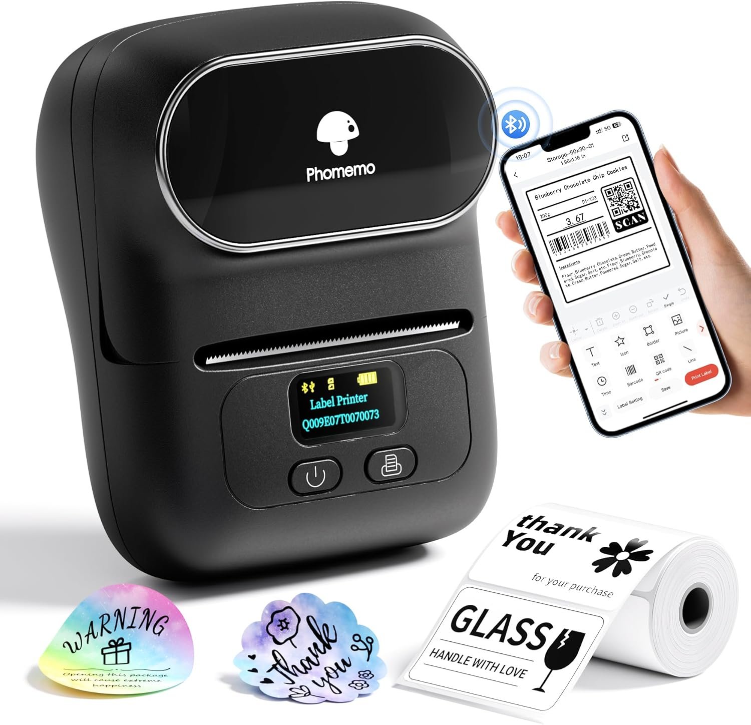 Phomemo M110 Label Makers – Barcode Label Printer Bluetooth Label Maker Portable Thermal Printer for Small Business, Address, Barcode, Logo, Clothing, Mailing, Sticker Printers for Phone & PC, Black