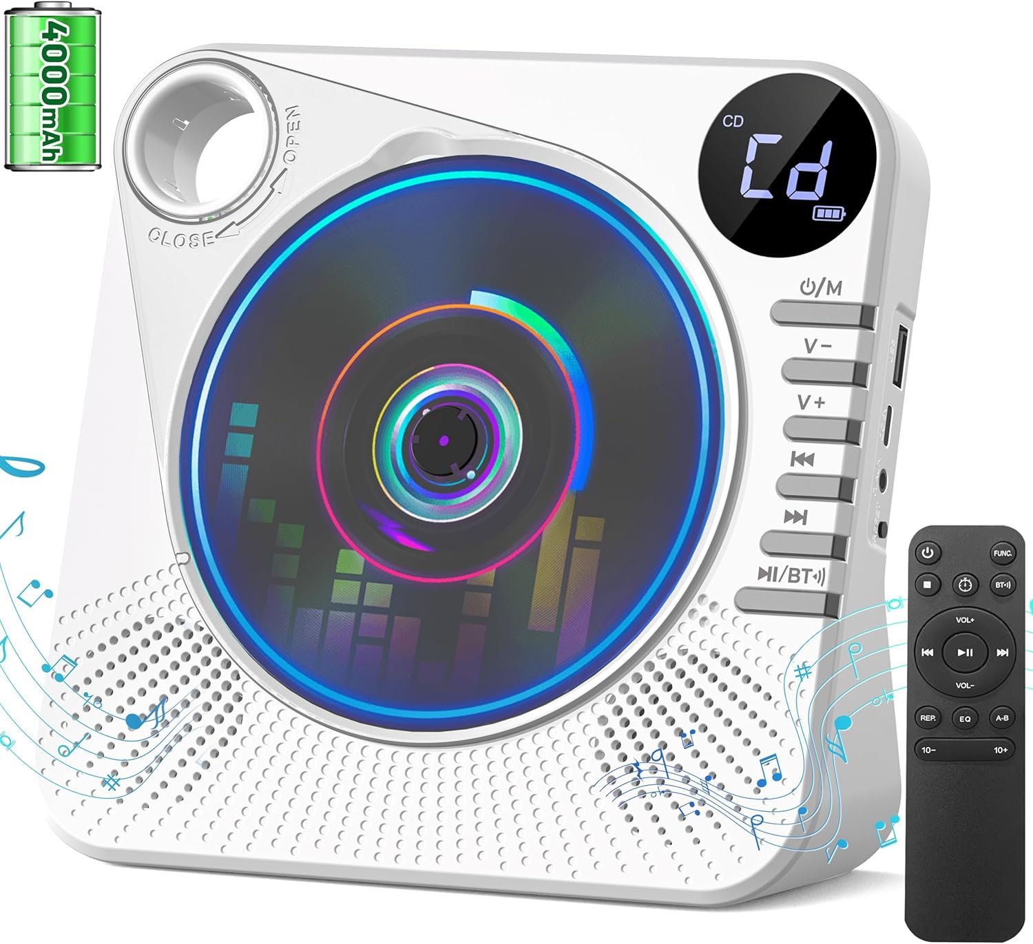 Portable CD Player with Bluetooth, 4000mAh Recheageable Desktop CD Players for Home, CD Music Player with Speakers,Remote Control,LCD Display, AUX, USB, Headphone Jack
