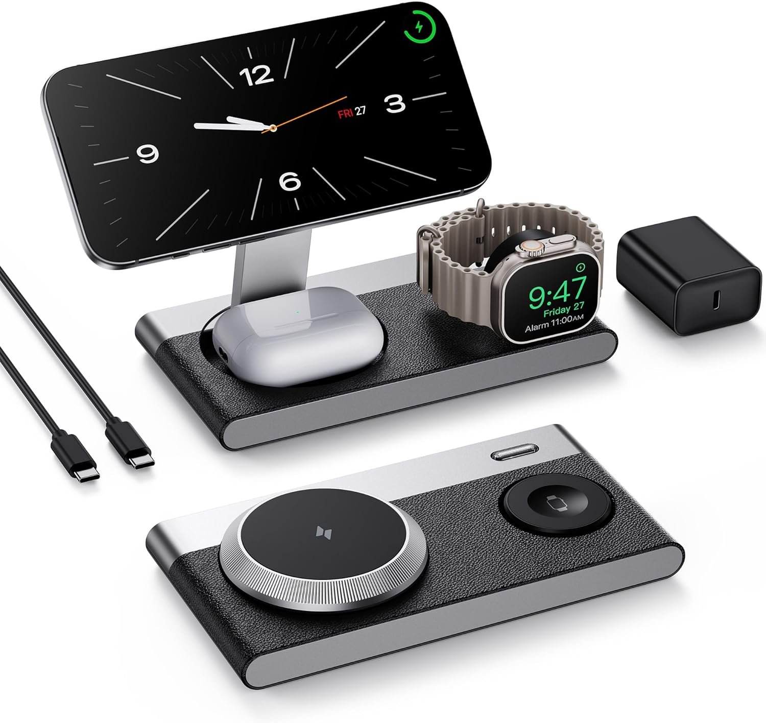 3 in 1 Magnetic Wireless Charging Station for Apple Devices,Foldable Wireless Charger Stand for Magsafe iPhone 17 Air 16/15/14/13/12,Apple Watch,AirPod,Wireless Charger Dock with Night Light